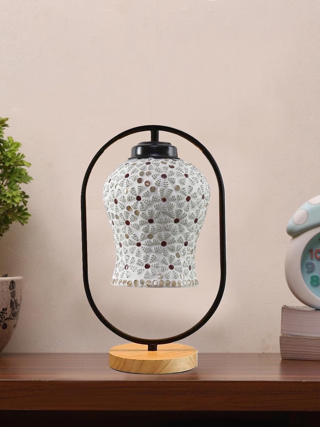 Multicolor Glass Wooden & Iron Table Lamp -17 Inch Height -AE