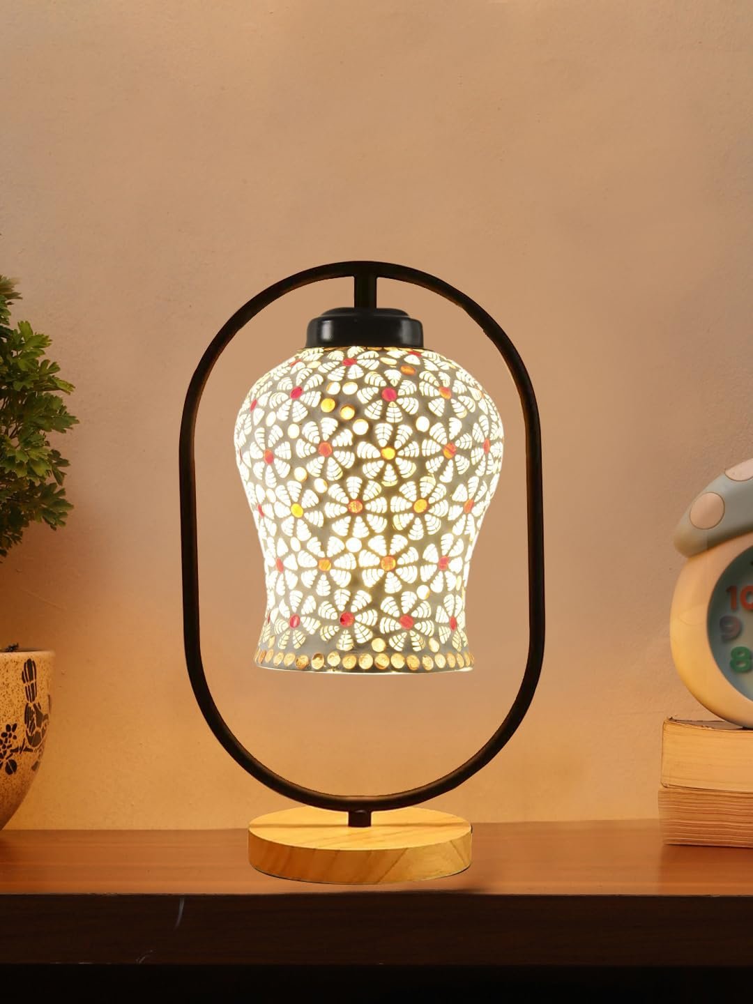 Multicolor Glass Wooden & Iron Table Lamp -17 Inch Height -AE