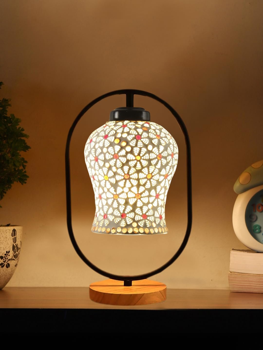 Multicolor Glass Wooden & Iron Table Lamp -17 Inch Height -AE