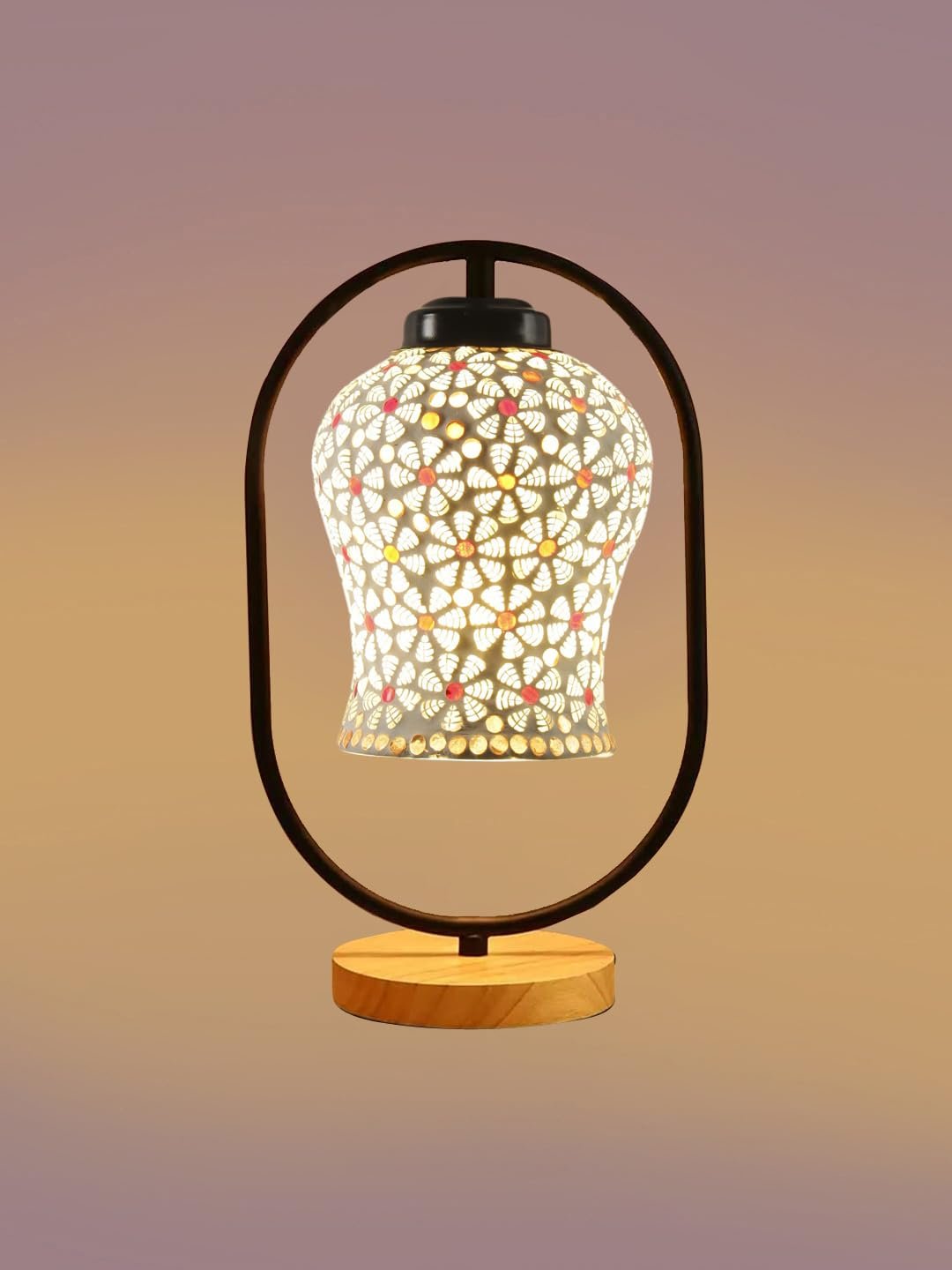 Multicolor Glass Wooden & Iron Table Lamp -17 Inch Height -AE