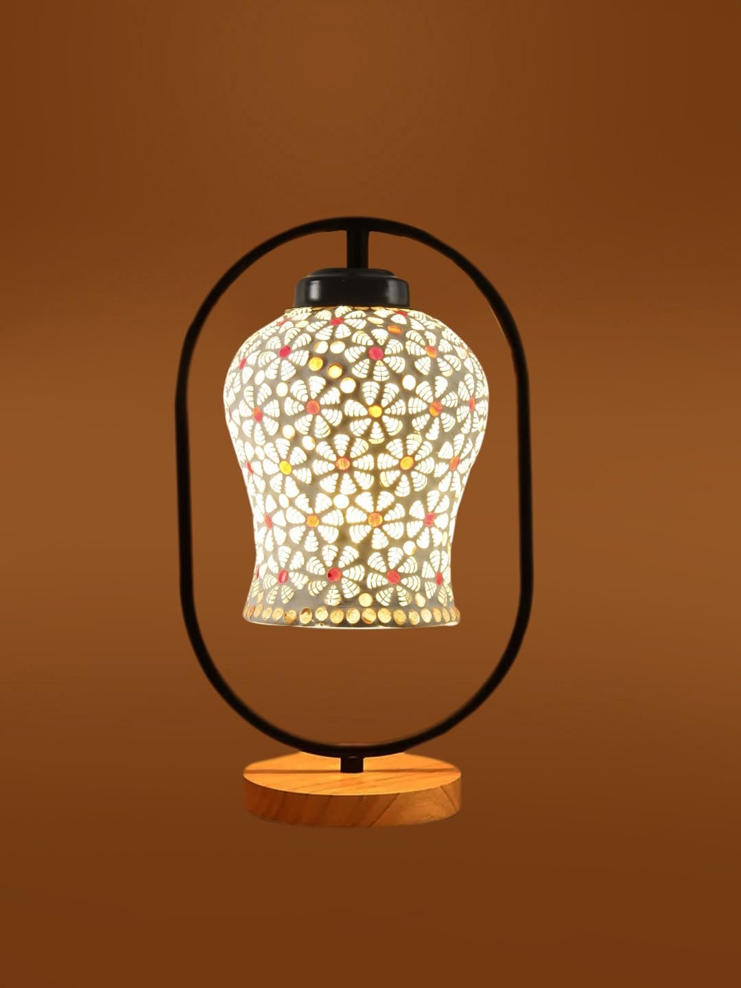 Multicolor Glass Wooden & Iron Table Lamp -17 Inch Height -AE