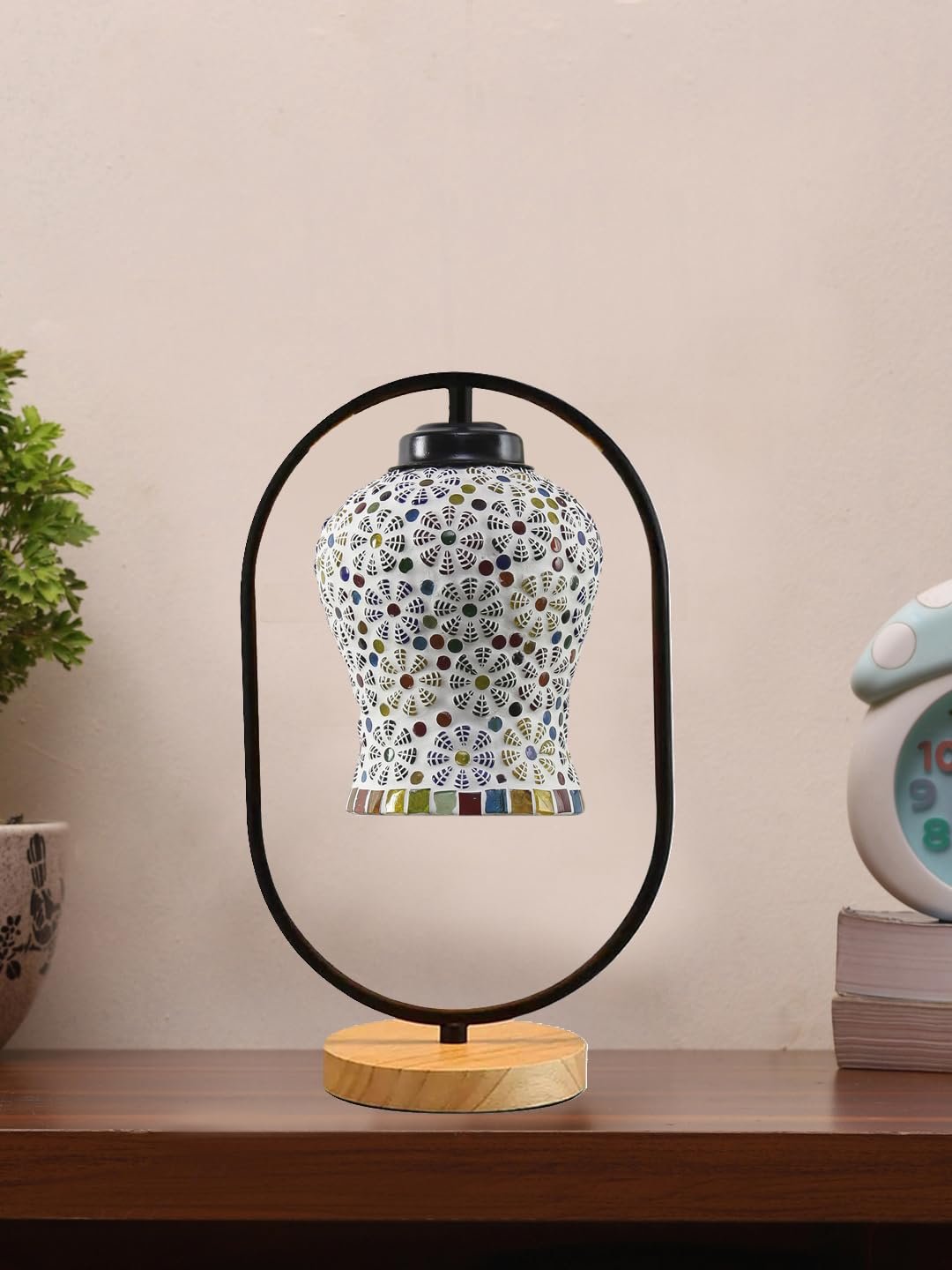 Multicolor Glass Wooden & Iron Table Lamp -17 Inch Height -AG