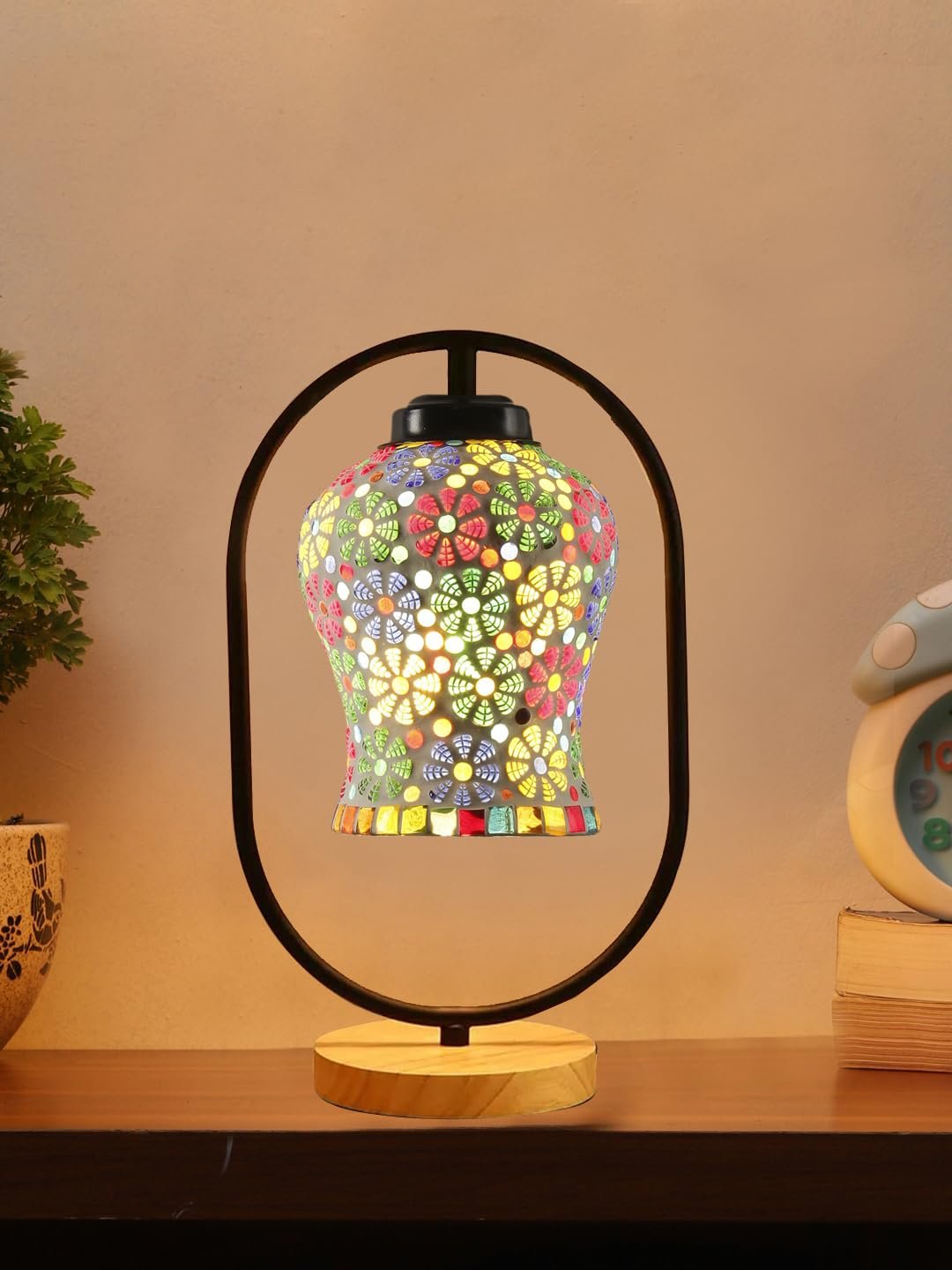 Multicolor Glass Wooden & Iron Table Lamp -17 Inch Height -AG