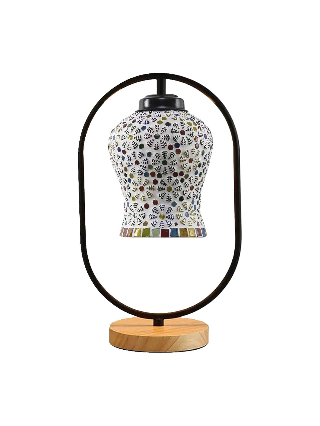 Multicolor Glass Wooden & Iron Table Lamp -17 Inch Height -AG