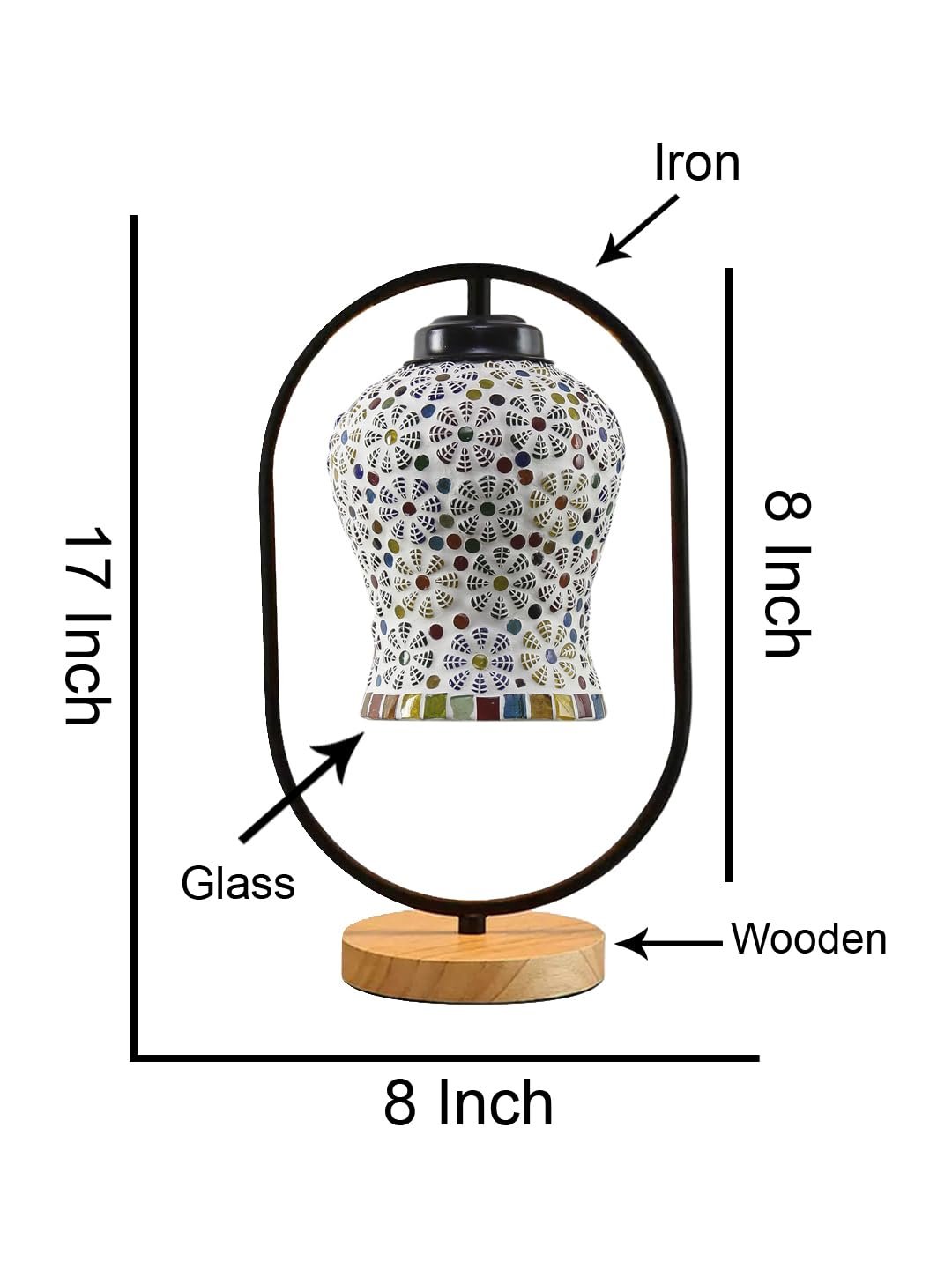 Multicolor Glass Wooden & Iron Table Lamp -17 Inch Height -AG
