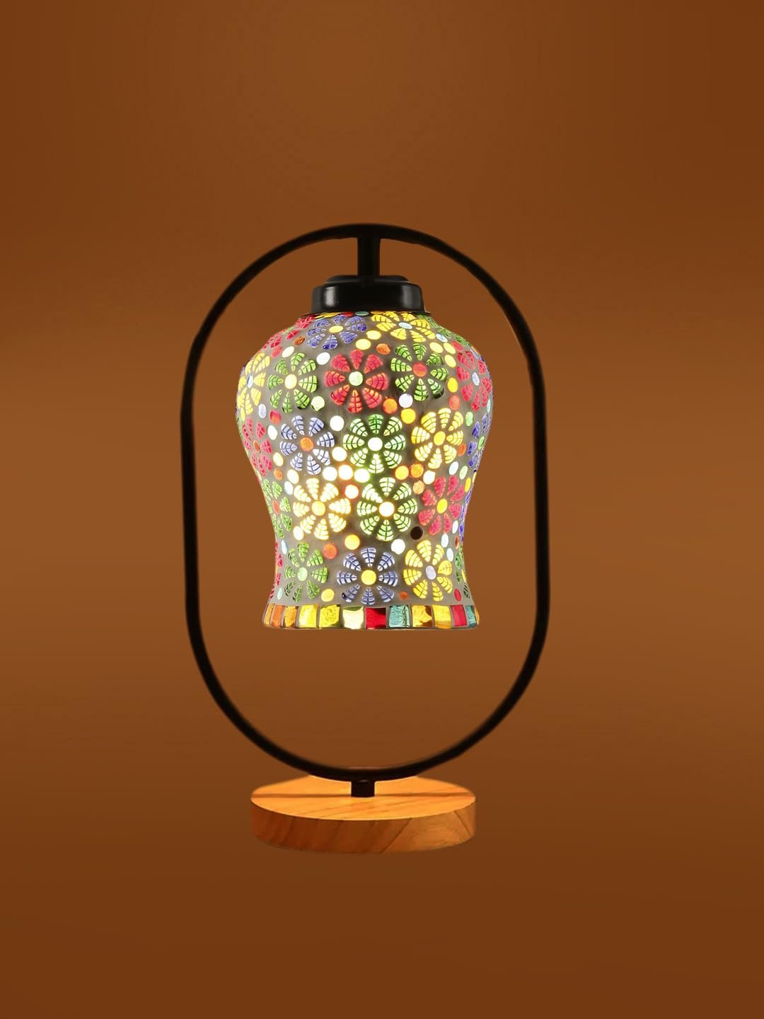 Multicolor Glass Wooden & Iron Table Lamp -17 Inch Height -AG