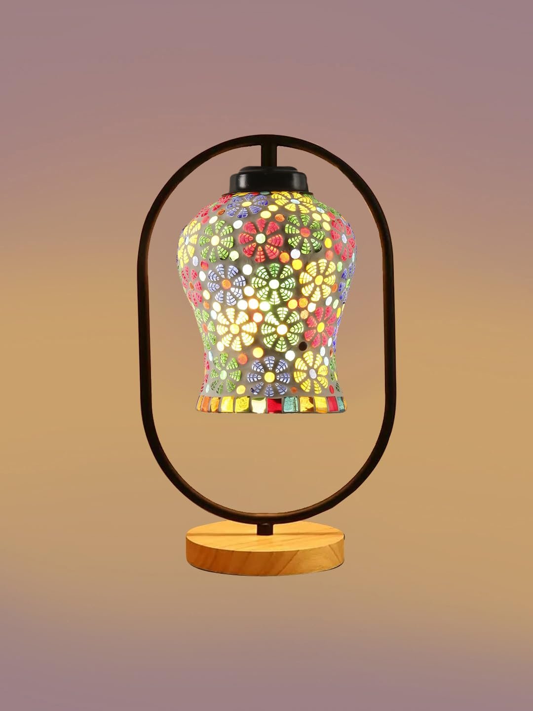 Multicolor Glass Wooden & Iron Table Lamp -17 Inch Height -AG