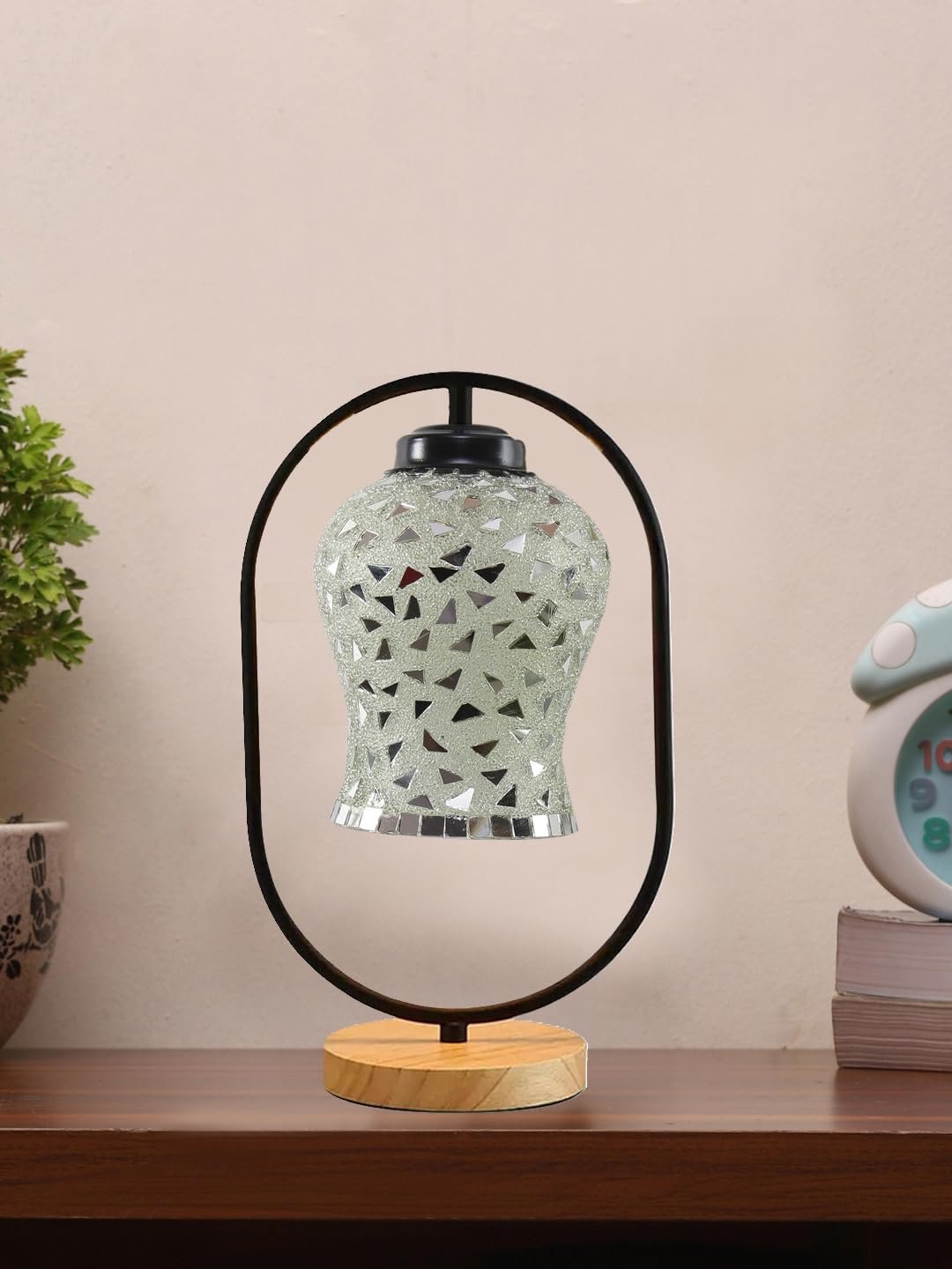 Multicolor Glass Wooden & Iron Table Lamp -17 Inch Height -AG1