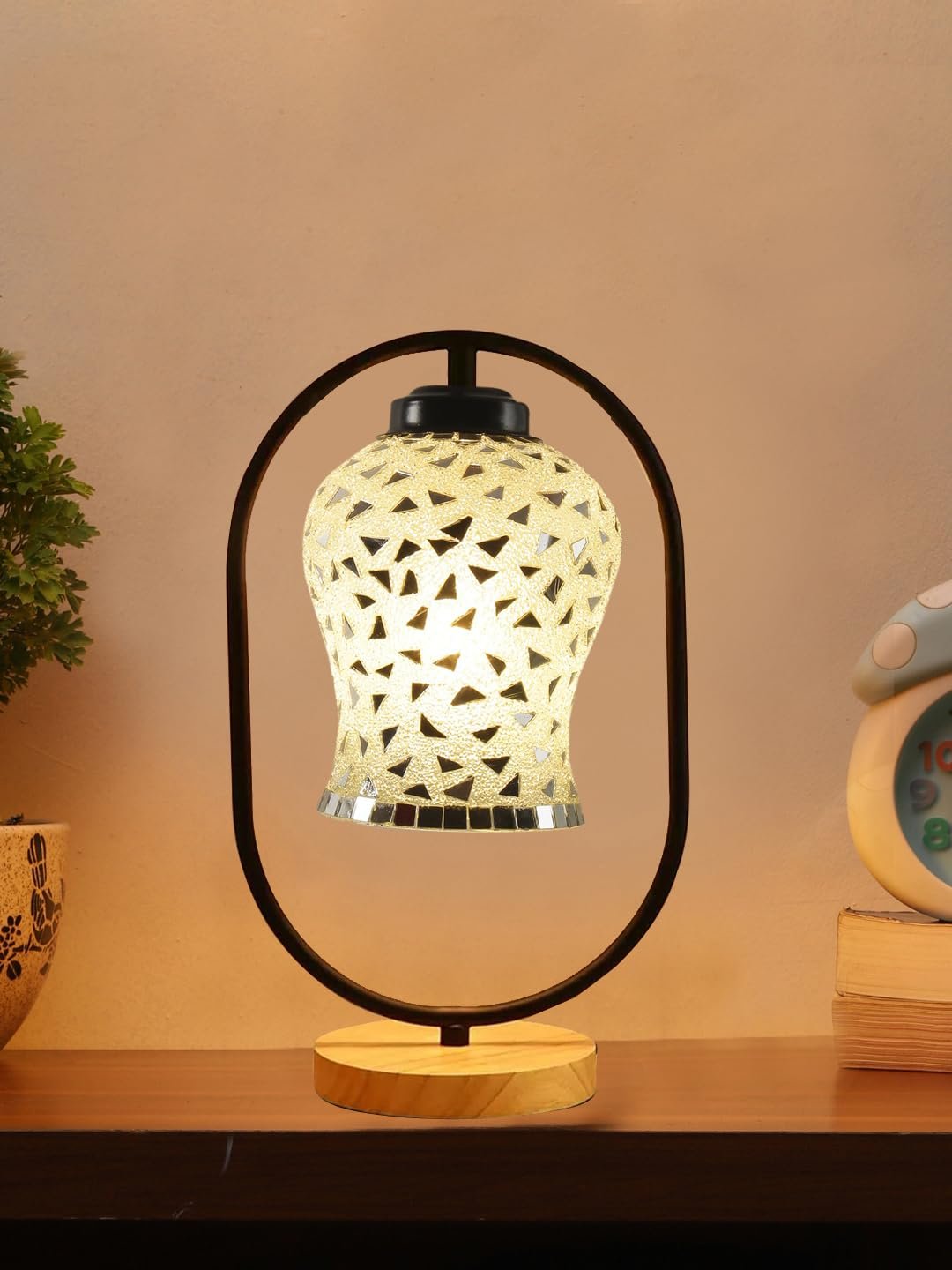 Multicolor Glass Wooden & Iron Table Lamp -17 Inch Height -AG1