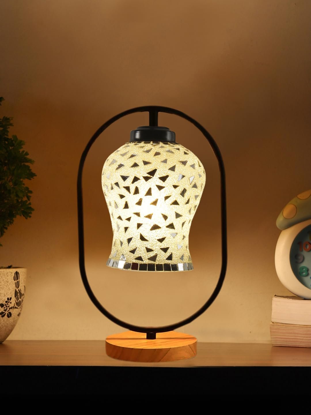 Multicolor Glass Wooden & Iron Table Lamp -17 Inch Height -AG1