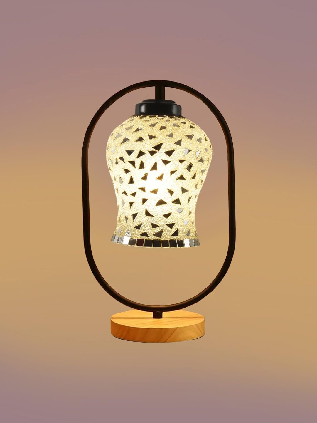 Multicolor Glass Wooden & Iron Table Lamp -17 Inch Height -AG1