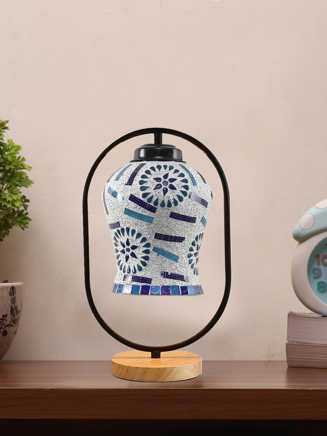 Multicolor Glass Wooden & Iron Table Lamp -17 Inch Height -ABM