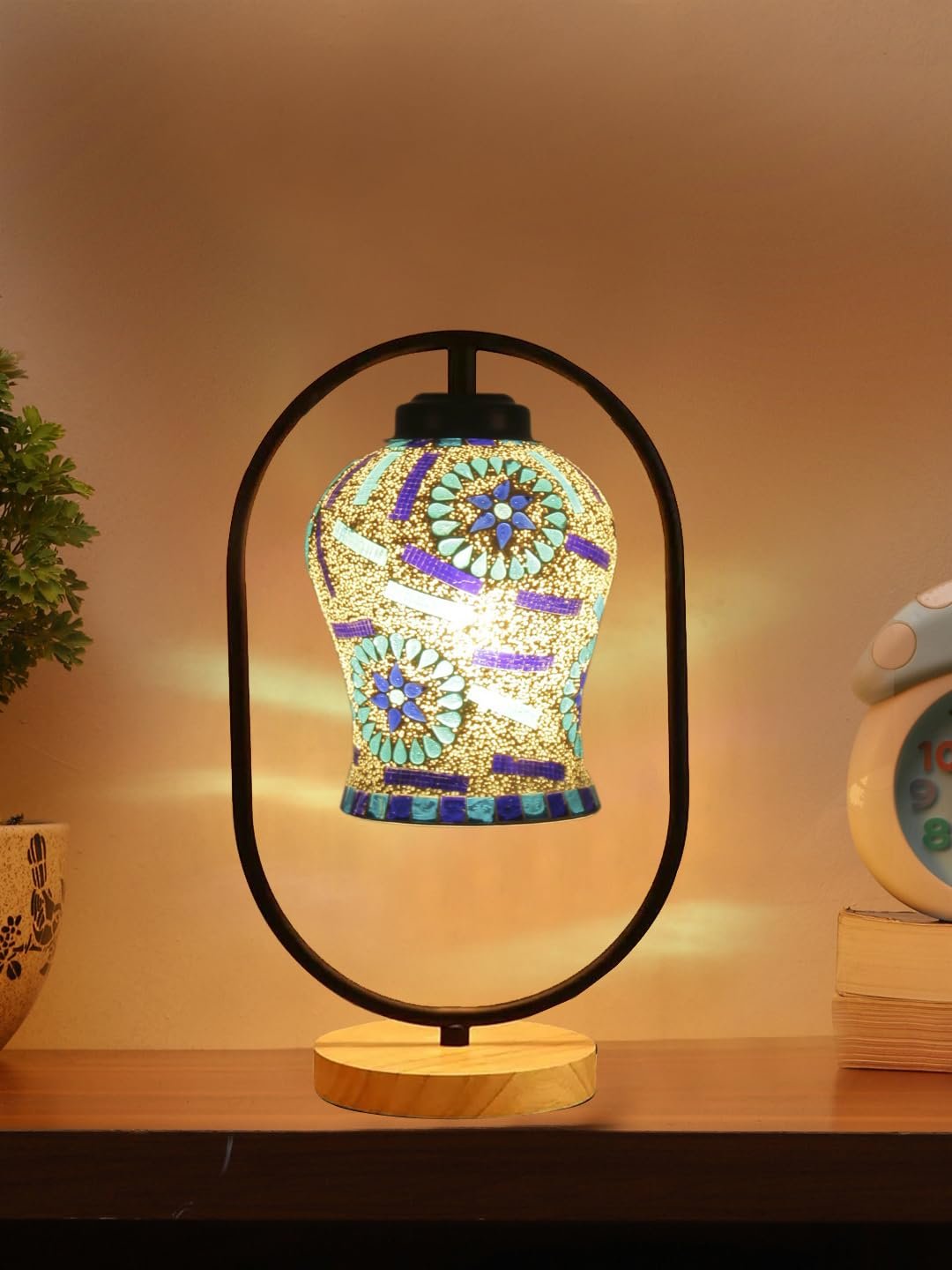 Multicolor Glass Wooden & Iron Table Lamp -17 Inch Height -ABM