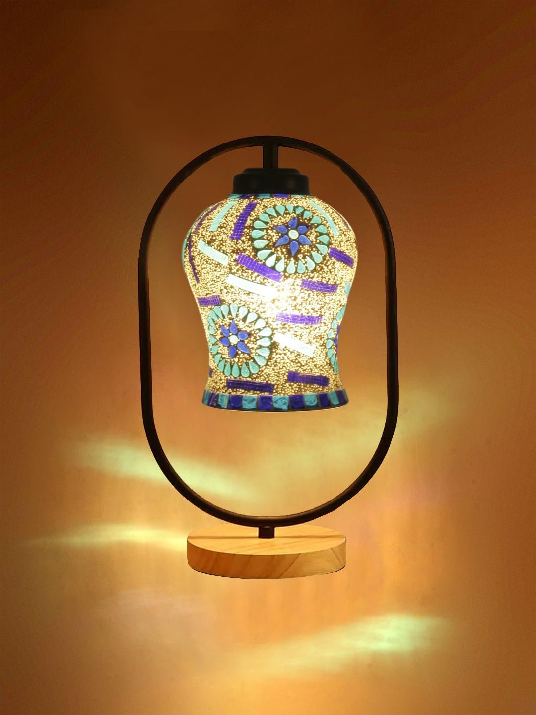 Multicolor Glass Wooden & Iron Table Lamp -17 Inch Height -ABM