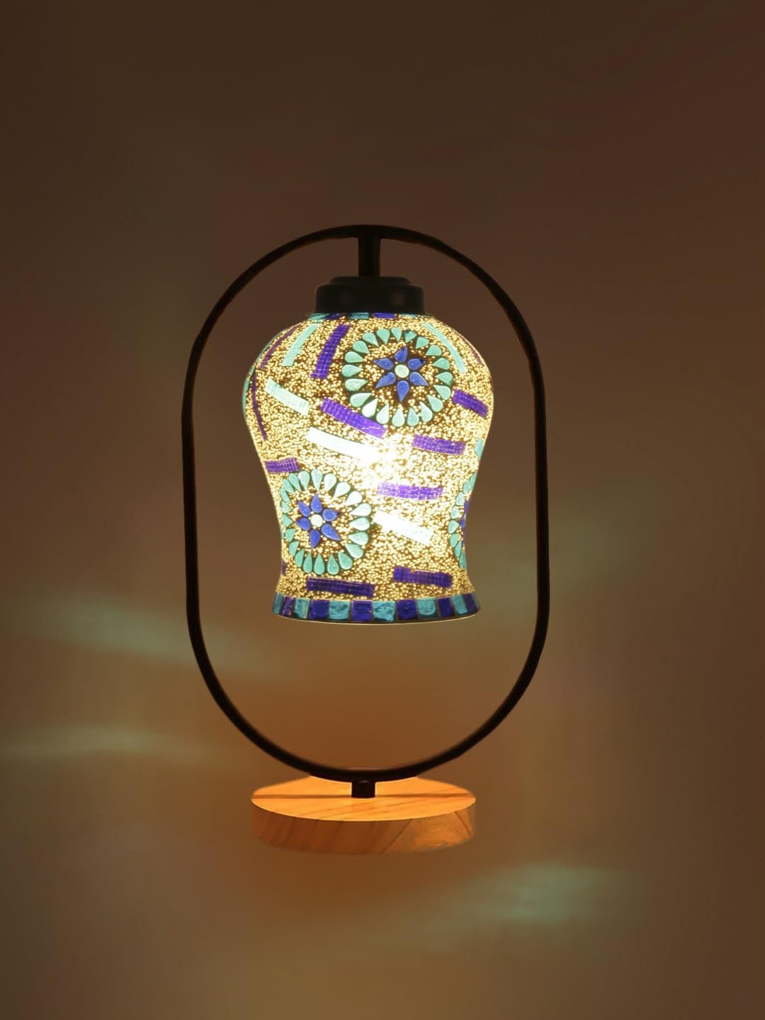 Multicolor Glass Wooden & Iron Table Lamp -17 Inch Height -ABM