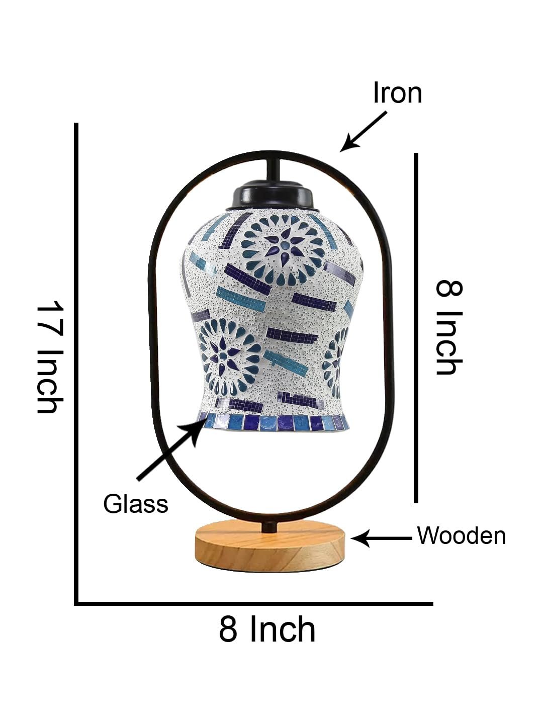 Multicolor Glass Wooden & Iron Table Lamp -17 Inch Height -ABM