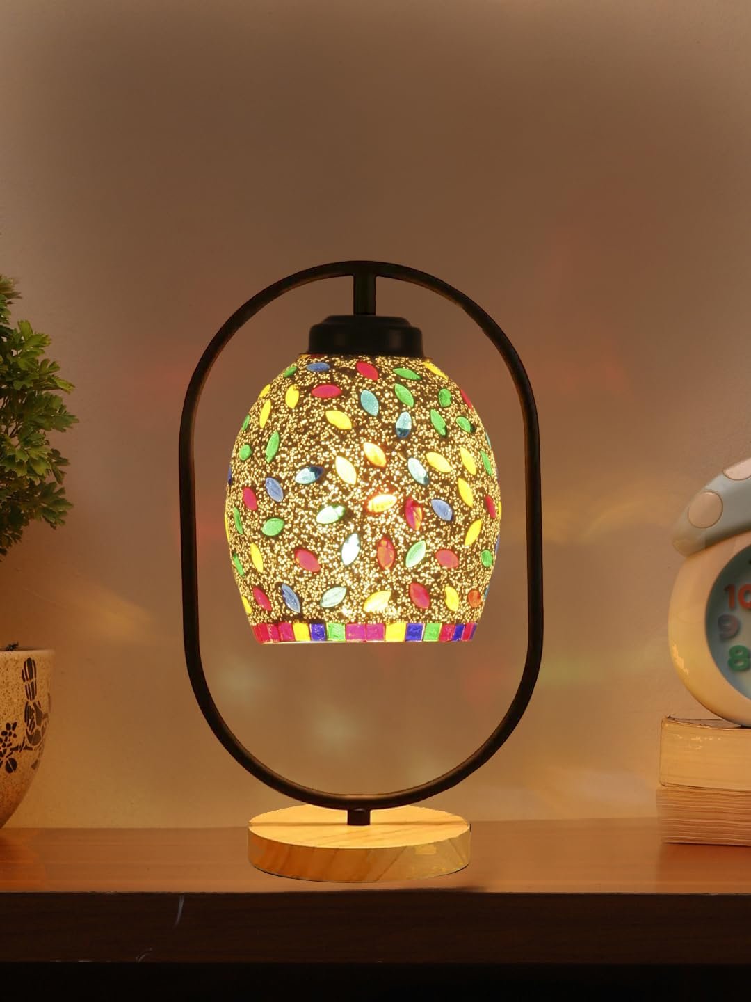 Multicolor Glass Wooden & Iron Table Lamp -17 Inch Height -ANB