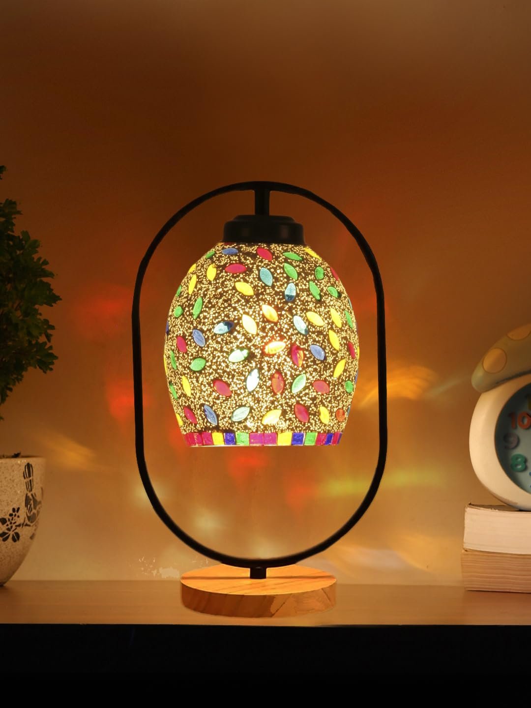 Multicolor Glass Wooden & Iron Table Lamp -17 Inch Height -ANB