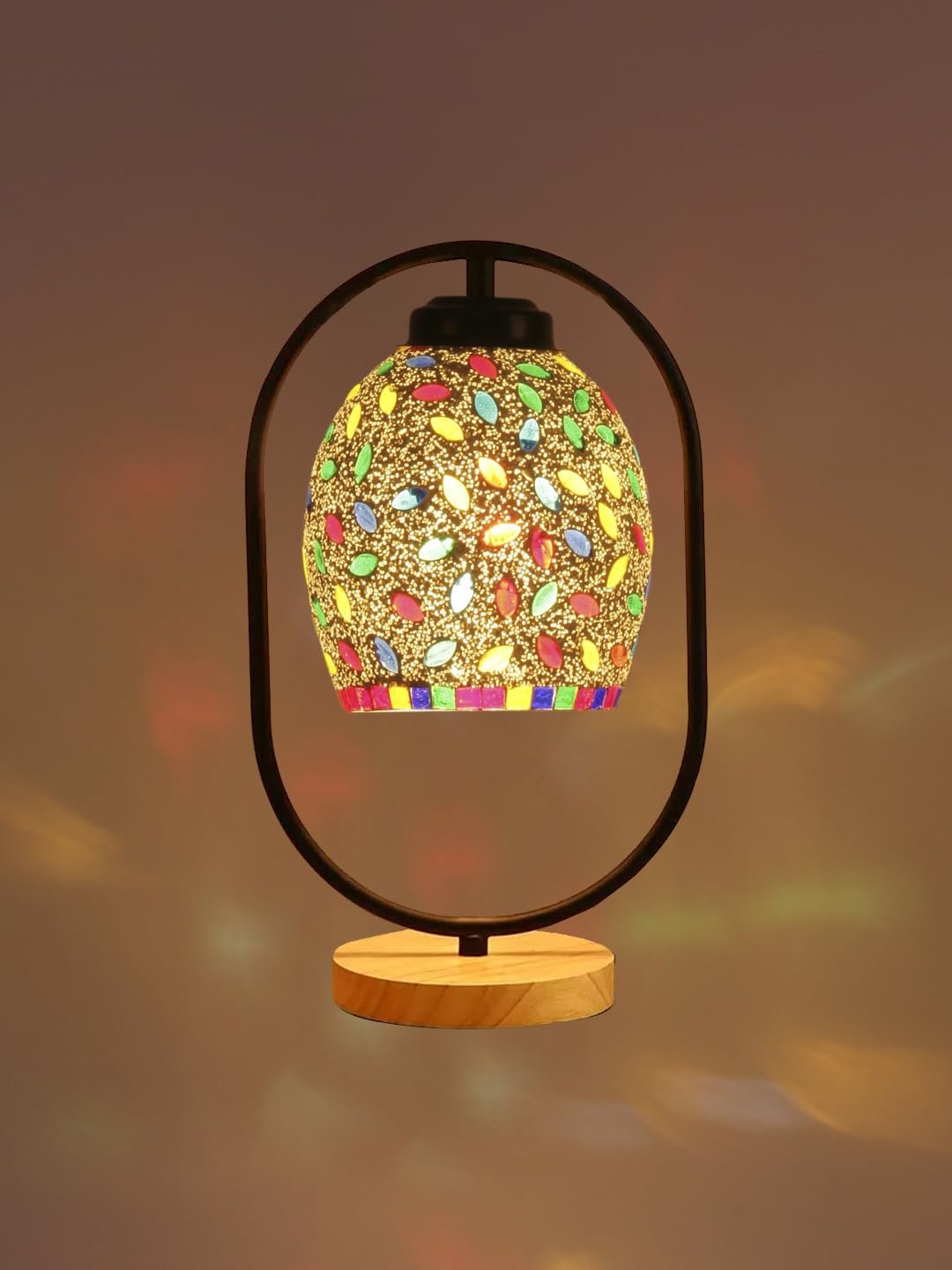 Multicolor Glass Wooden & Iron Table Lamp -17 Inch Height -ANB