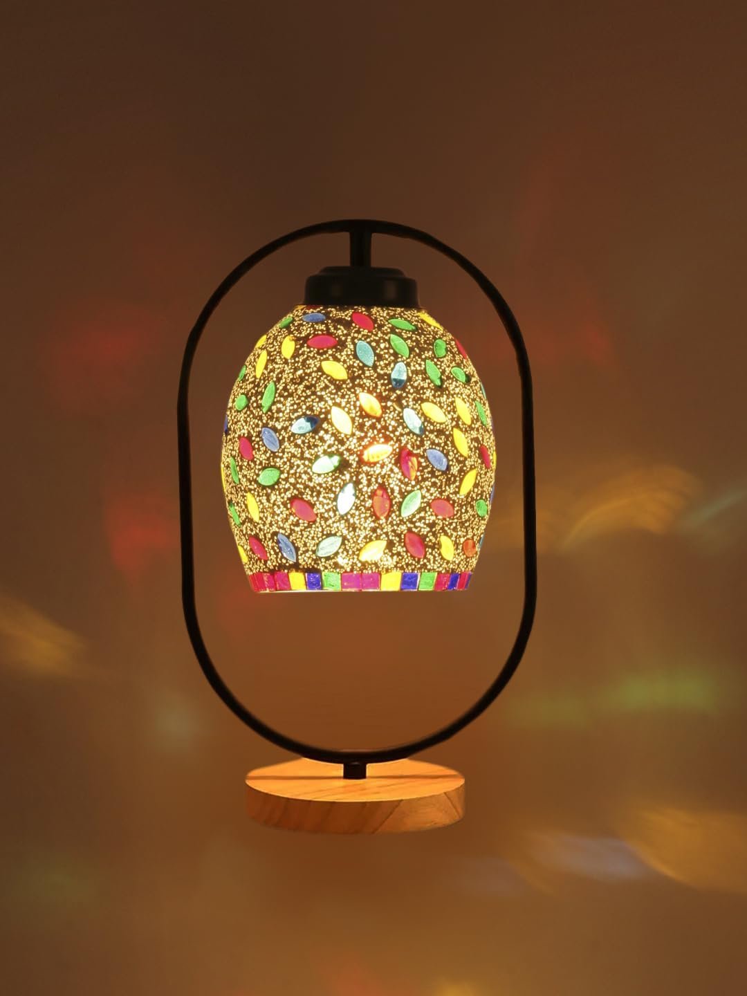 Multicolor Glass Wooden & Iron Table Lamp -17 Inch Height -ANB