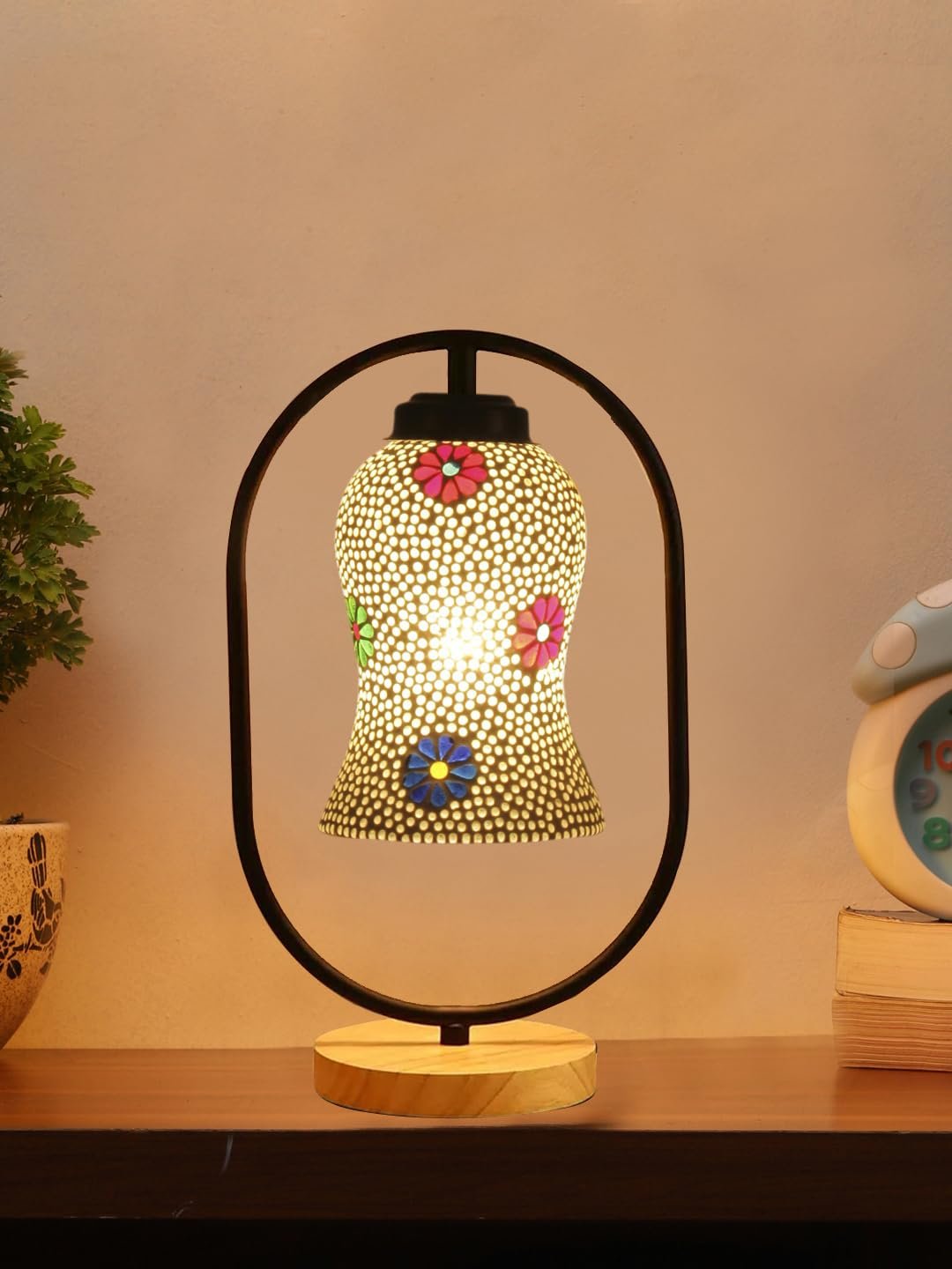 Multicolor Glass Wooden & Iron Table Lamp -17 Inch Height -ANH