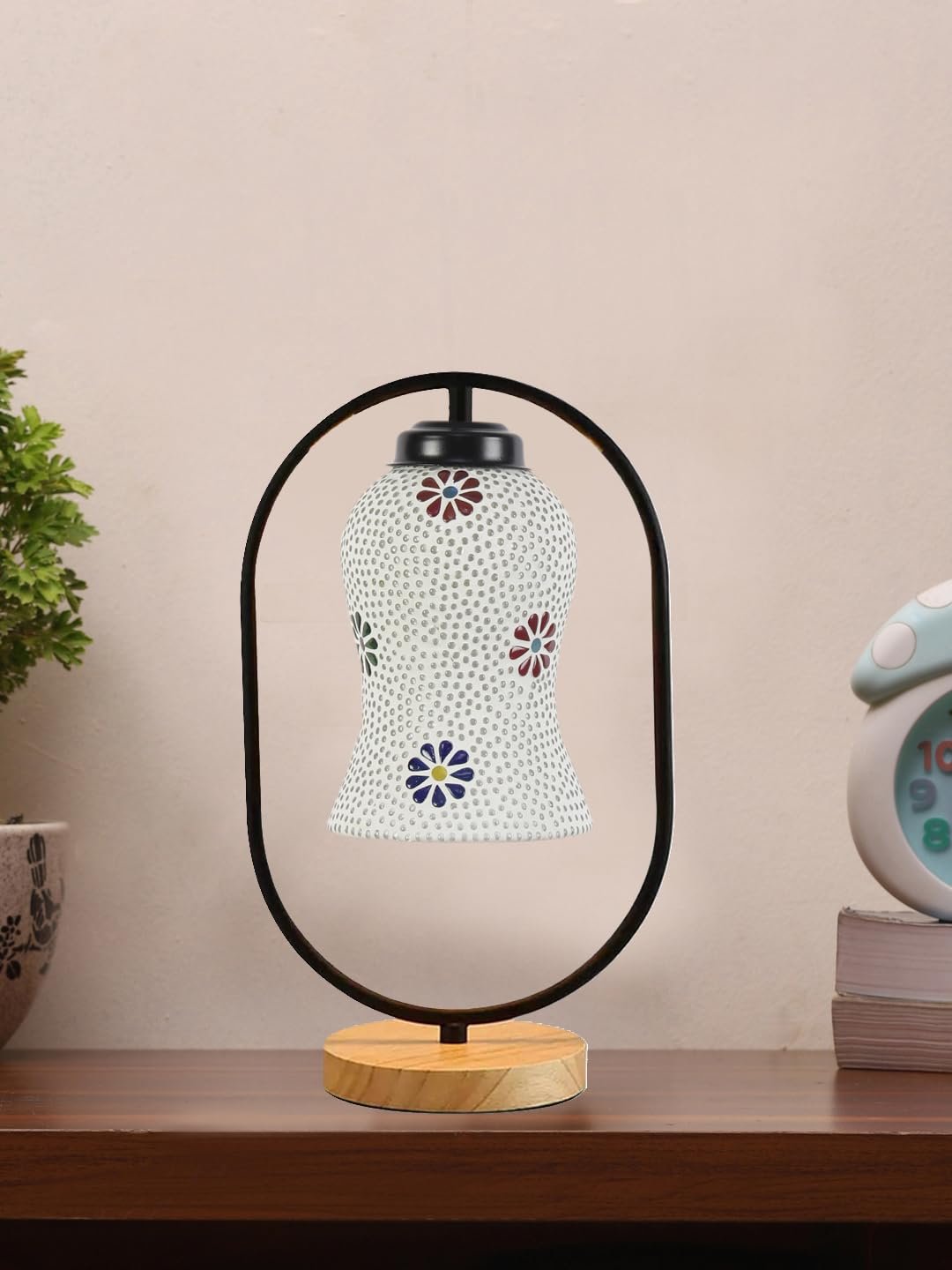Multicolor Glass Wooden & Iron Table Lamp -17 Inch Height -ANH