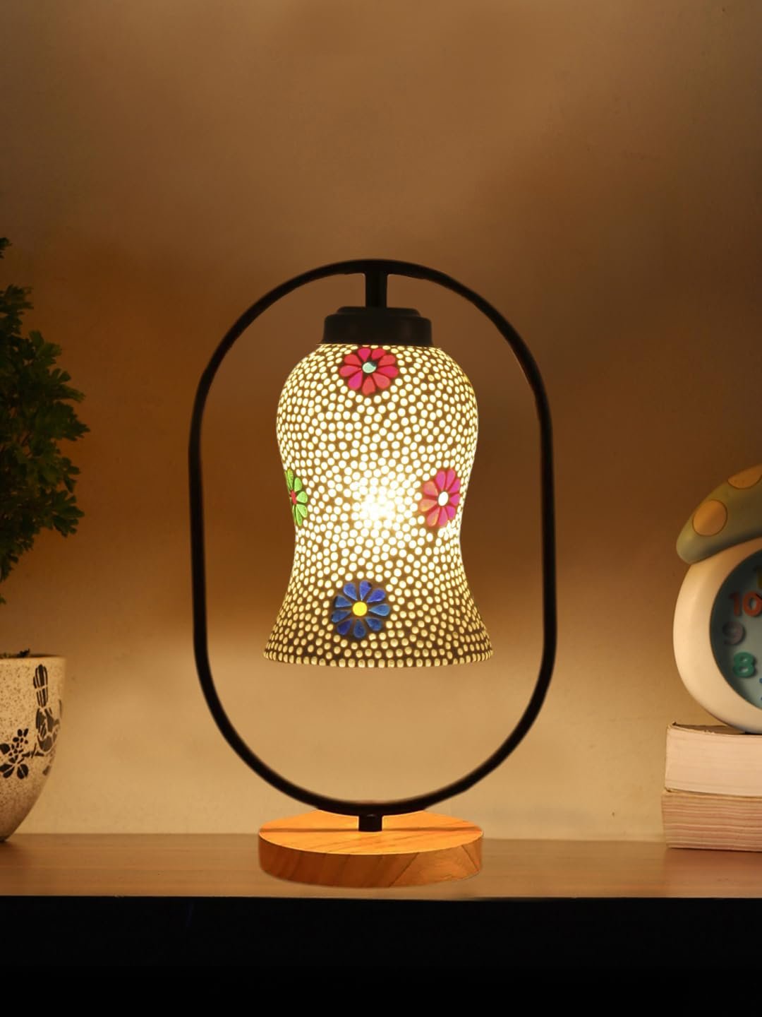Multicolor Glass Wooden & Iron Table Lamp -17 Inch Height -ANH