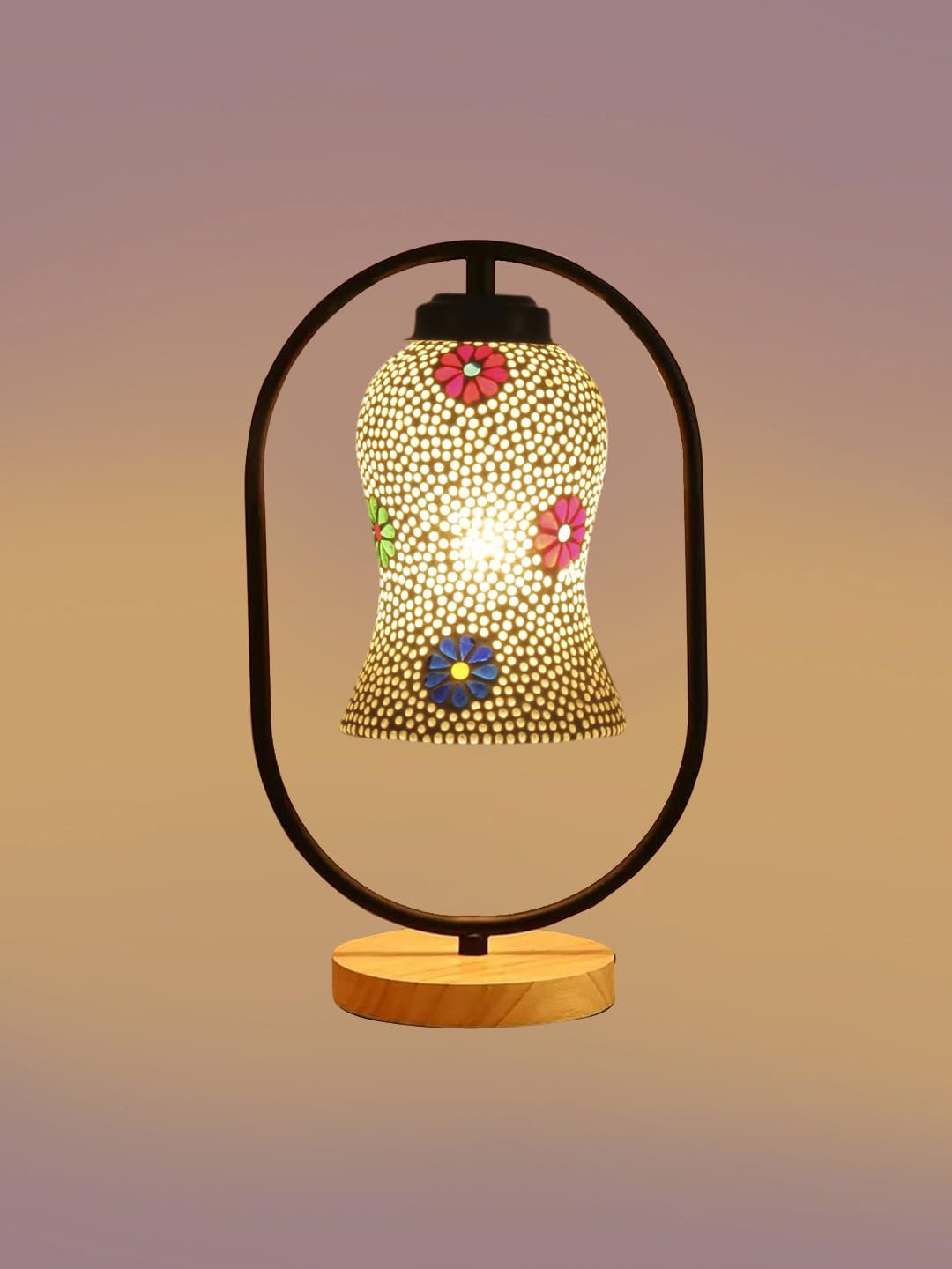 Multicolor Glass Wooden & Iron Table Lamp -17 Inch Height -ANH