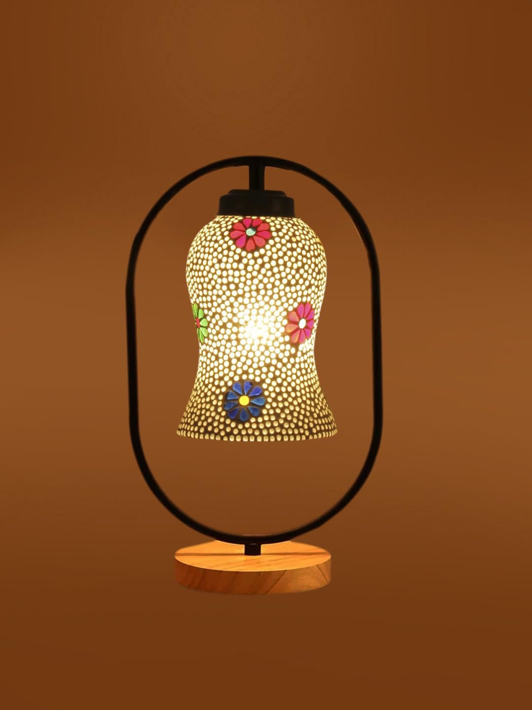 Multicolor Glass Wooden & Iron Table Lamp -17 Inch Height -ANH