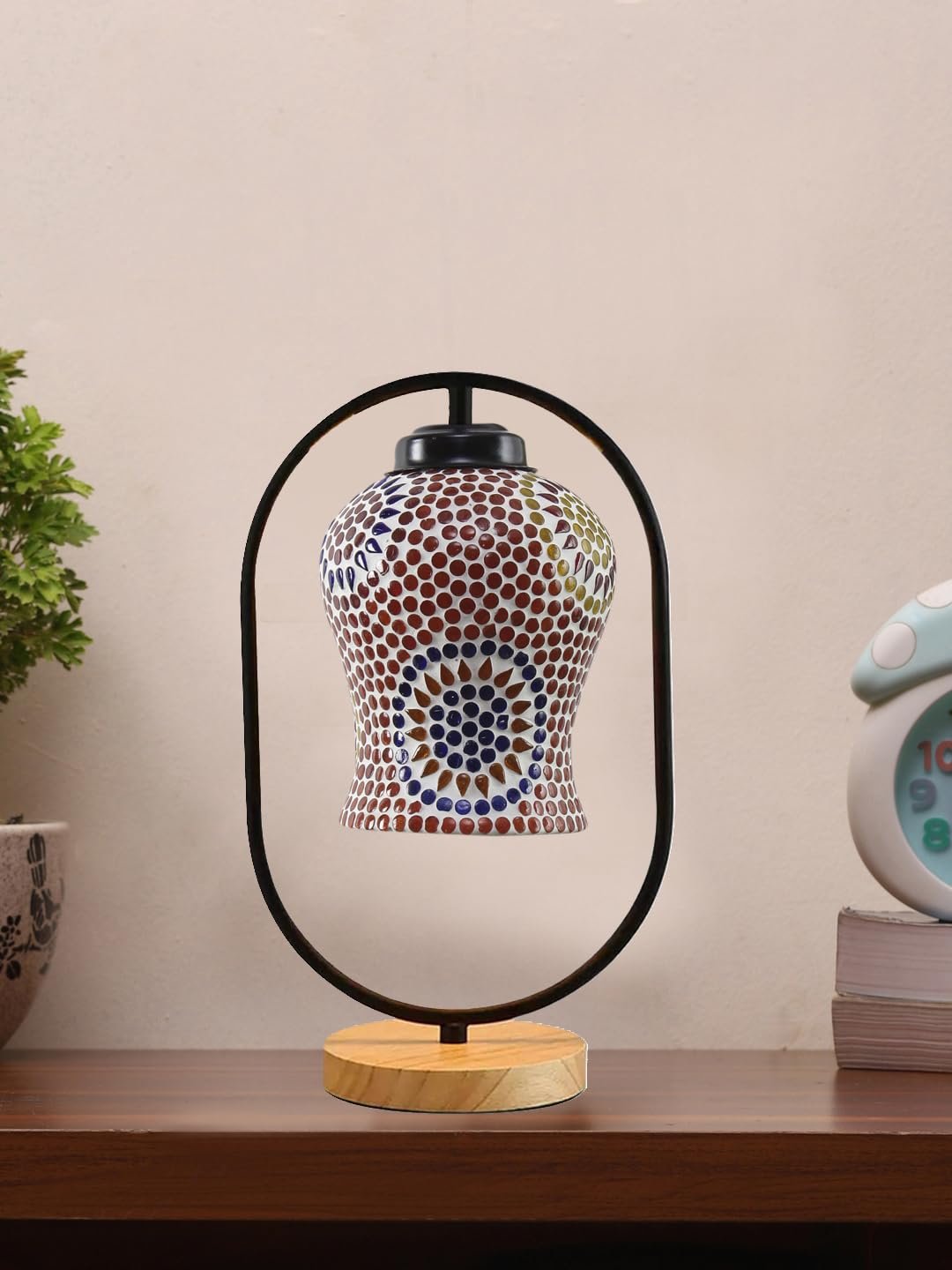Multicolor Glass Wooden & Iron Table Lamp -17 Inch Height -AJH
