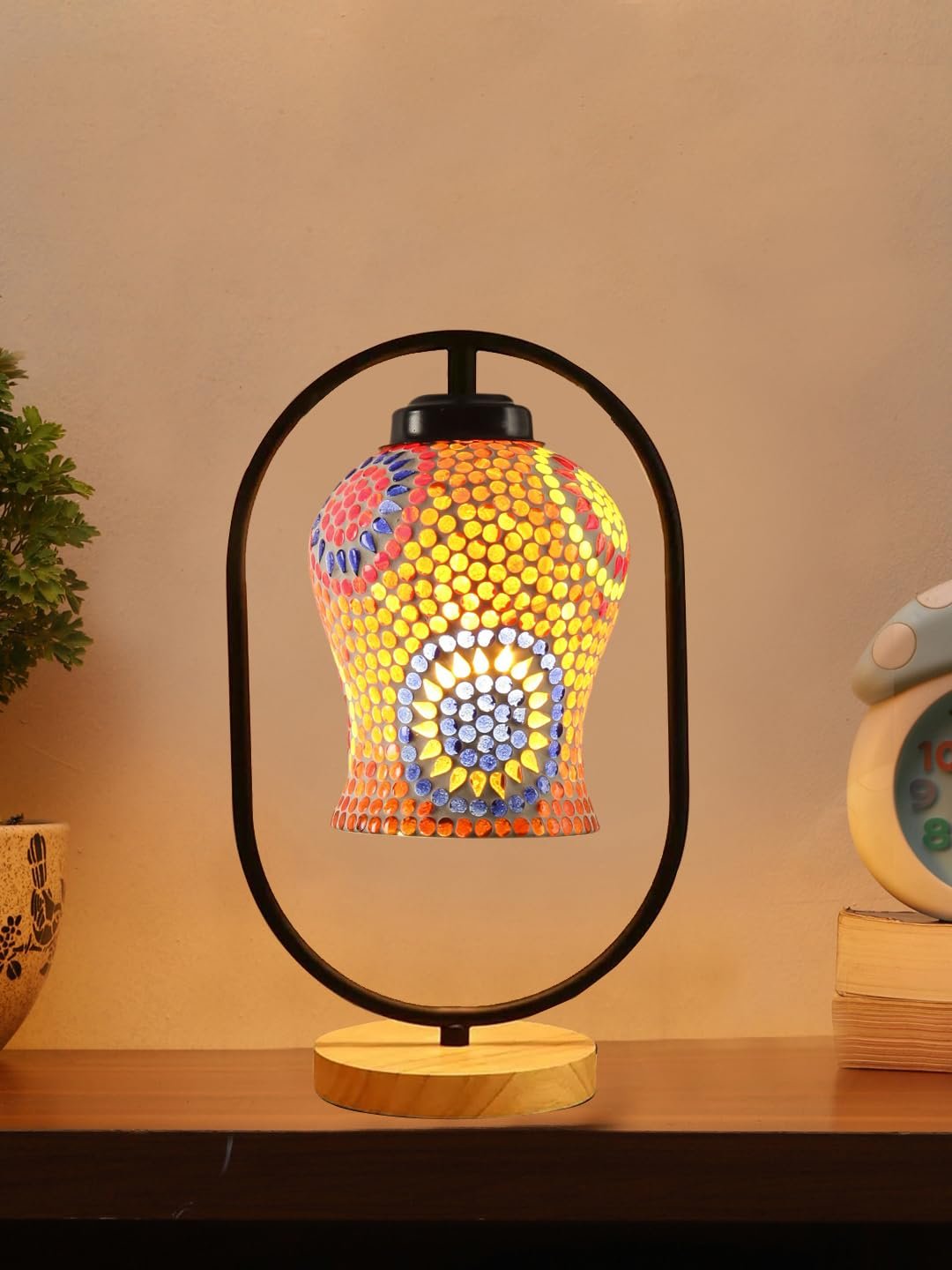 Multicolor Glass Wooden & Iron Table Lamp -17 Inch Height -AJH