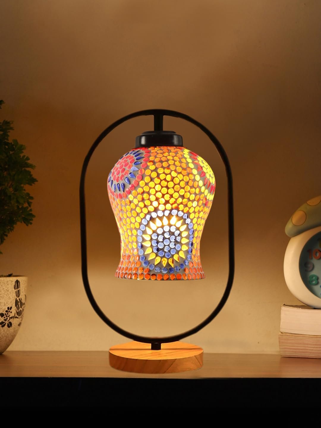 Multicolor Glass Wooden & Iron Table Lamp -17 Inch Height -AJH
