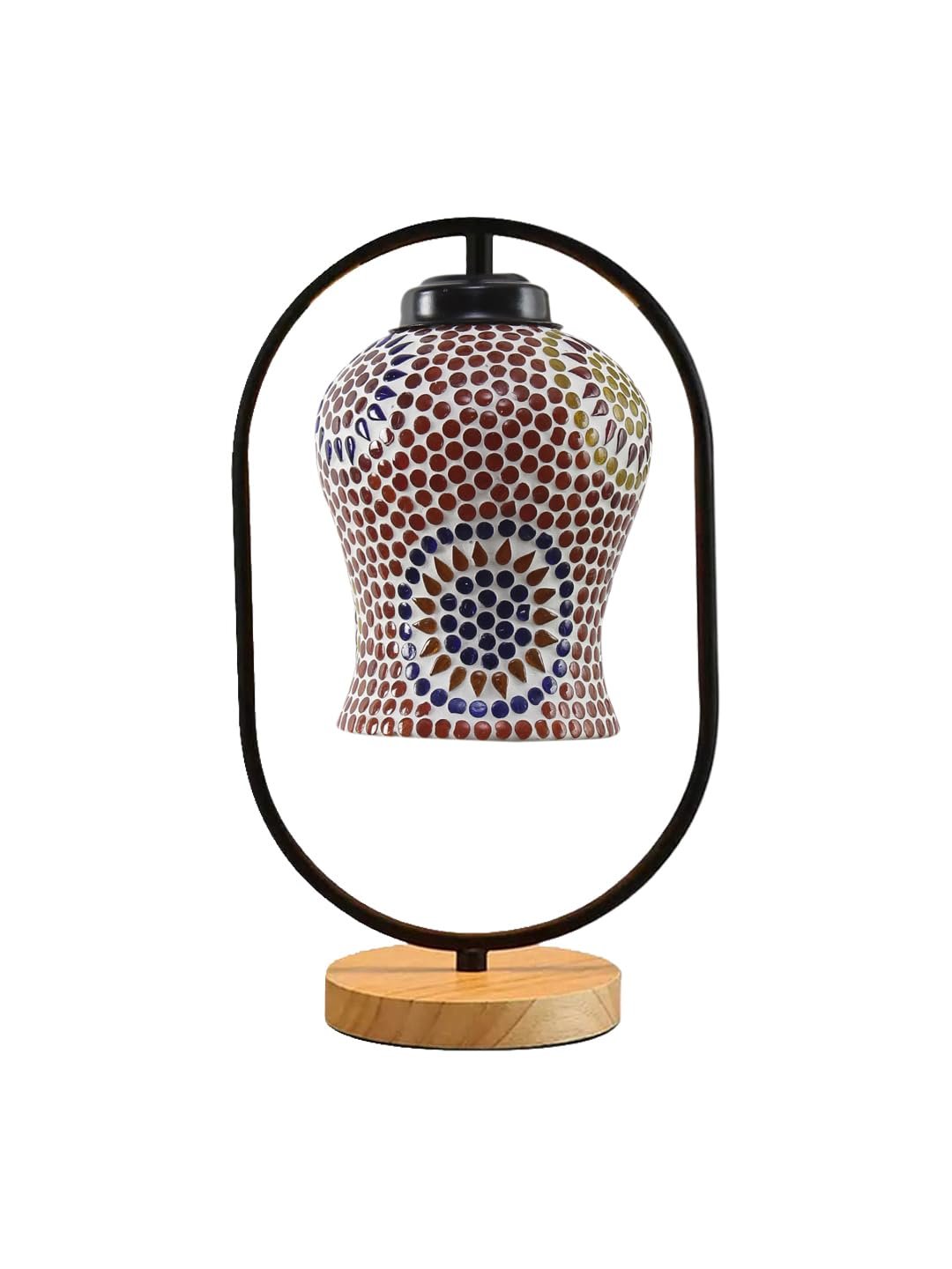 Multicolor Glass Wooden & Iron Table Lamp -17 Inch Height -AJH