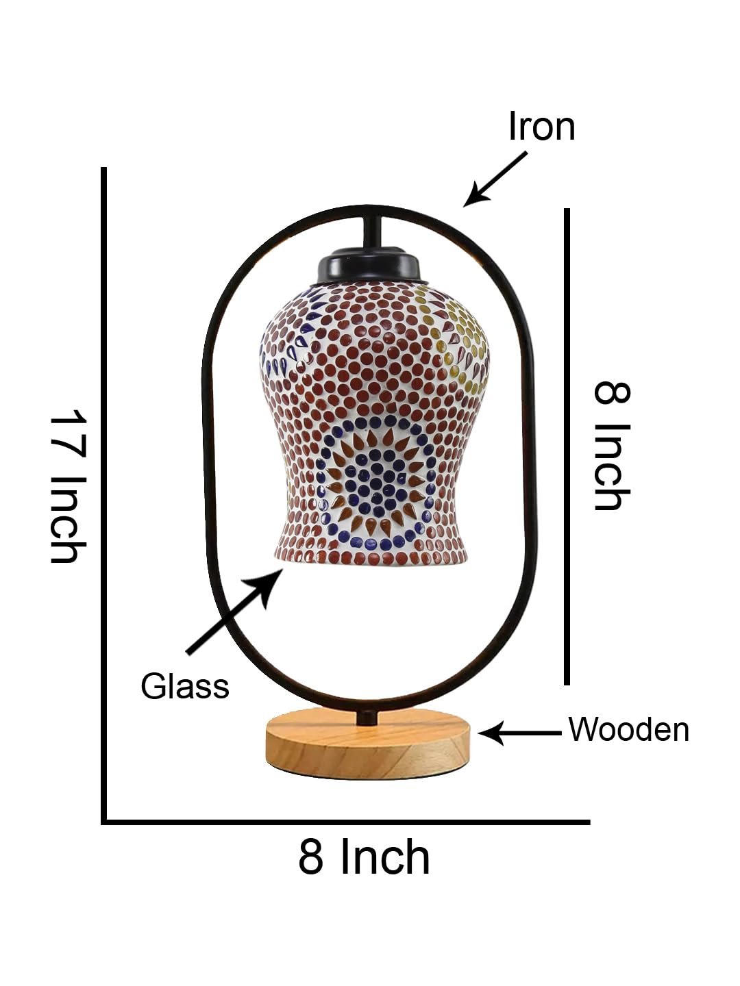 Multicolor Glass Wooden & Iron Table Lamp -17 Inch Height -AJH