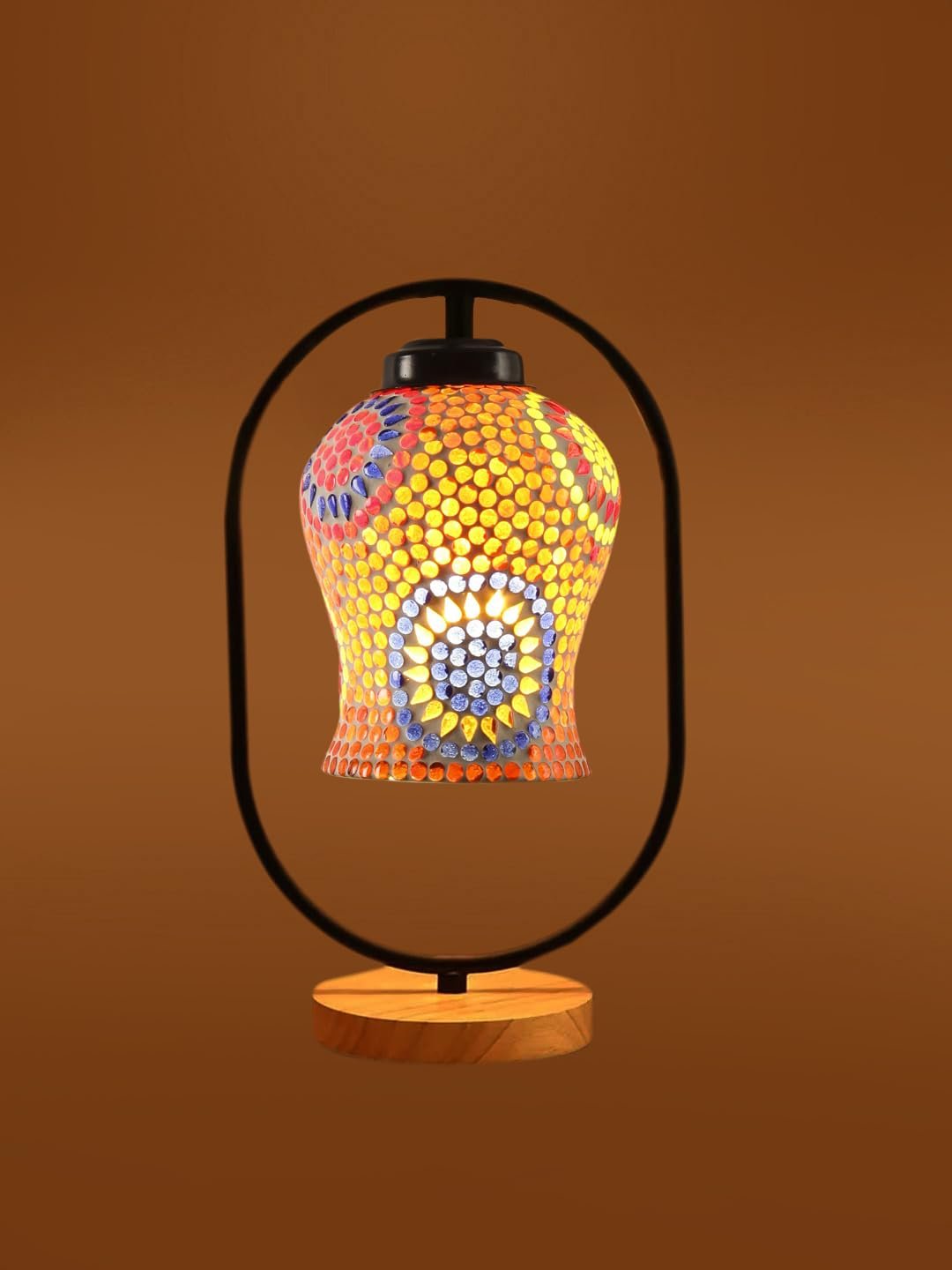Multicolor Glass Wooden & Iron Table Lamp -17 Inch Height -AJH