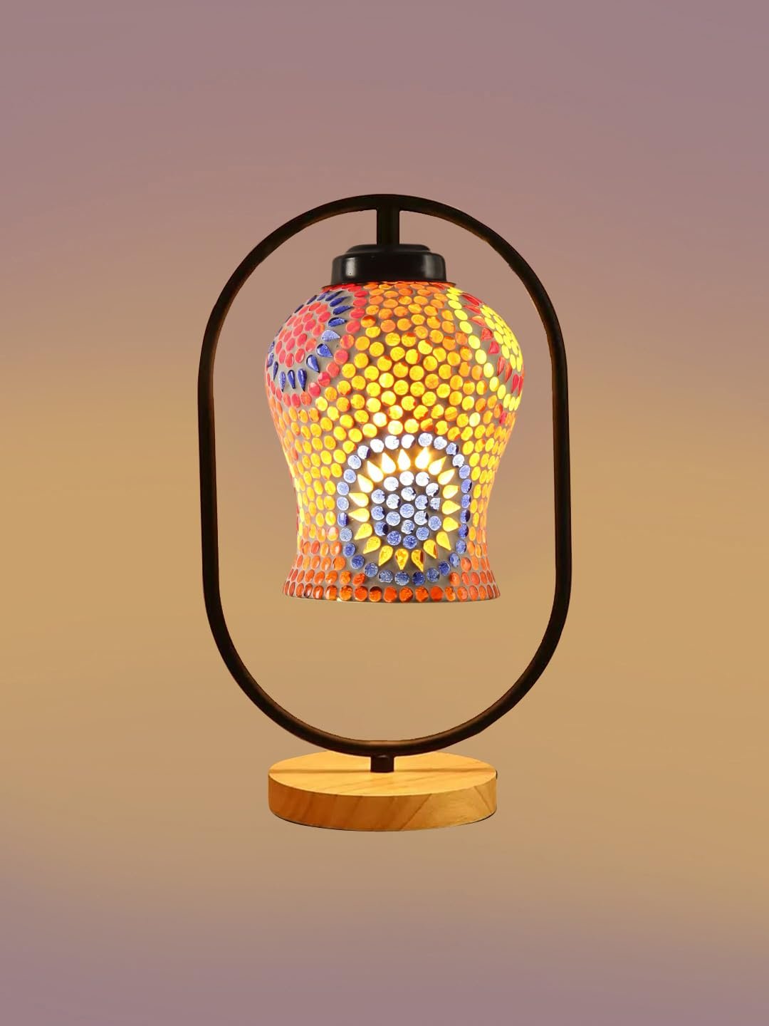 Multicolor Glass Wooden & Iron Table Lamp -17 Inch Height -AJH
