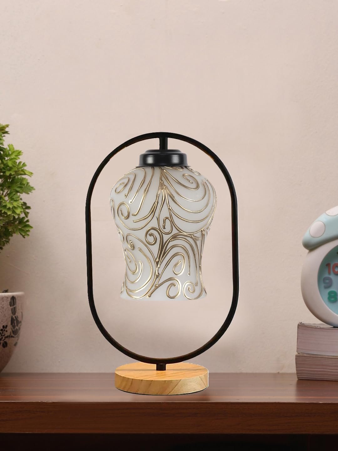 Multicolor Glass Wooden & Iron Table Lamp -17 Inch Height -APL