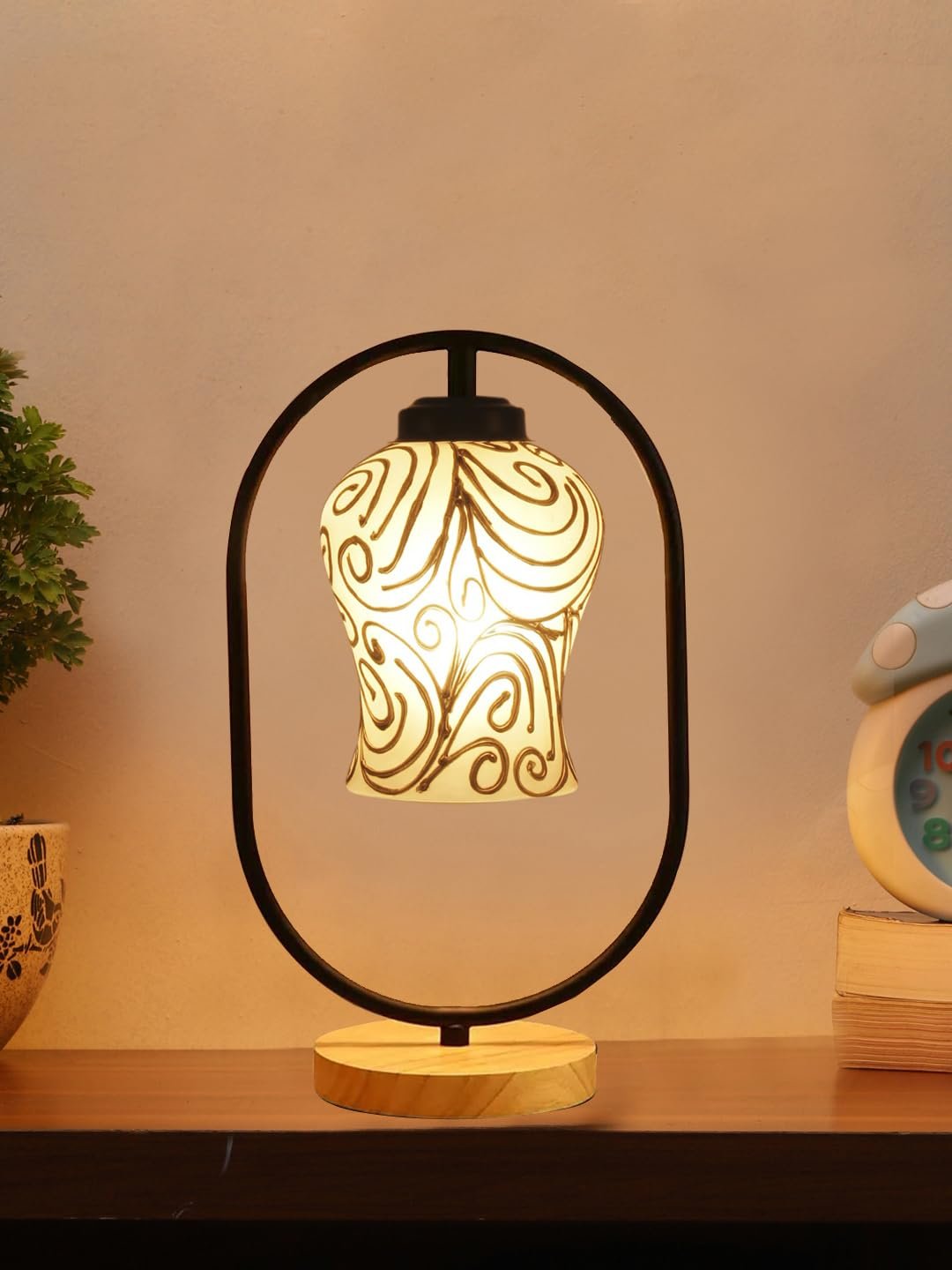 Multicolor Glass Wooden & Iron Table Lamp -17 Inch Height -APL