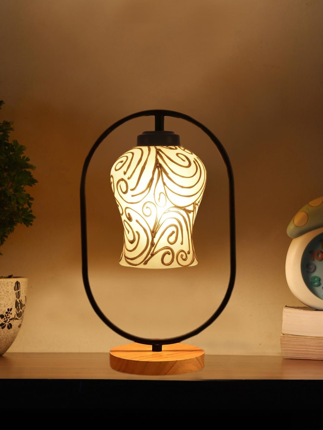 Multicolor Glass Wooden & Iron Table Lamp -17 Inch Height -APL