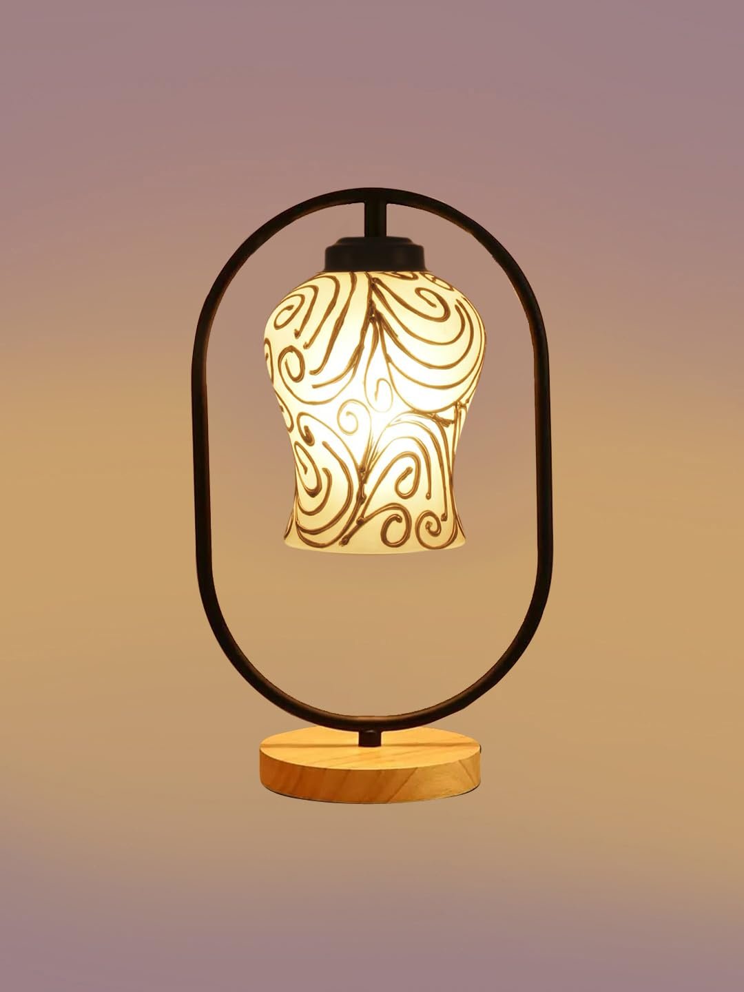 Multicolor Glass Wooden & Iron Table Lamp -17 Inch Height -APL