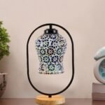 Multicolor Glass Wooden & Iron Table Lamp -17 Inch Height -APJ