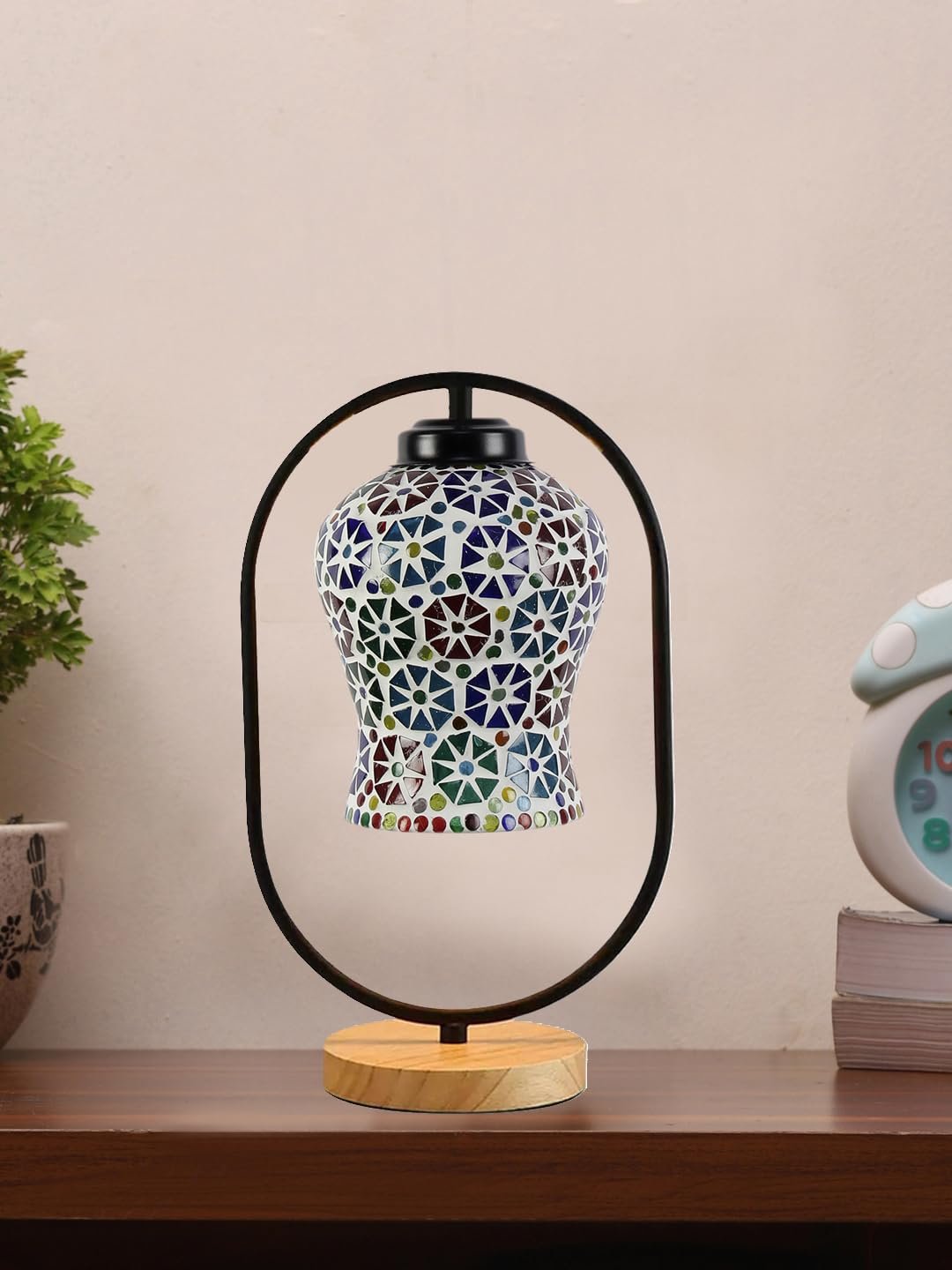 Multicolor Glass Wooden & Iron Table Lamp -17 Inch Height -APJ