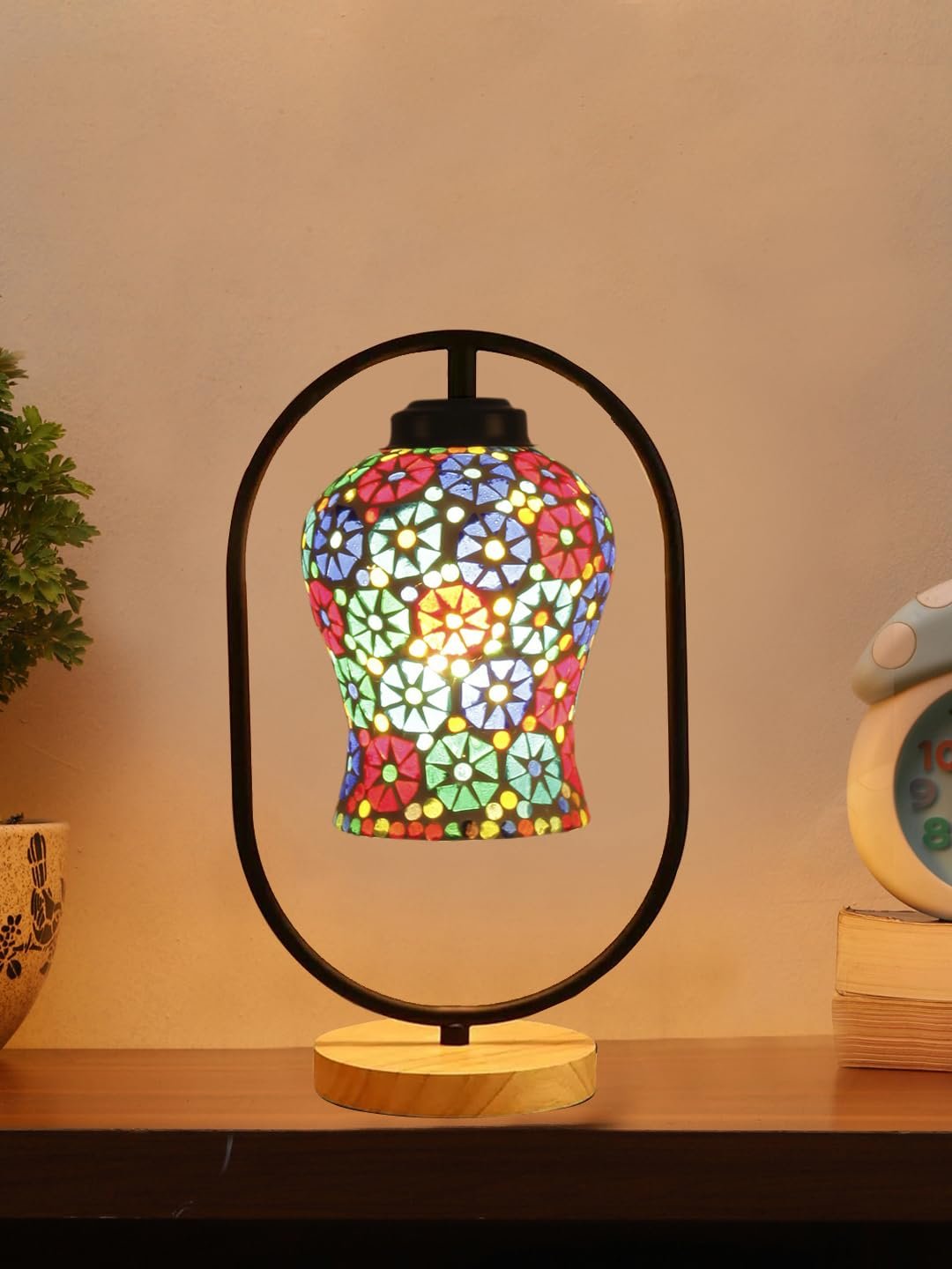 Multicolor Glass Wooden & Iron Table Lamp -17 Inch Height -APJ