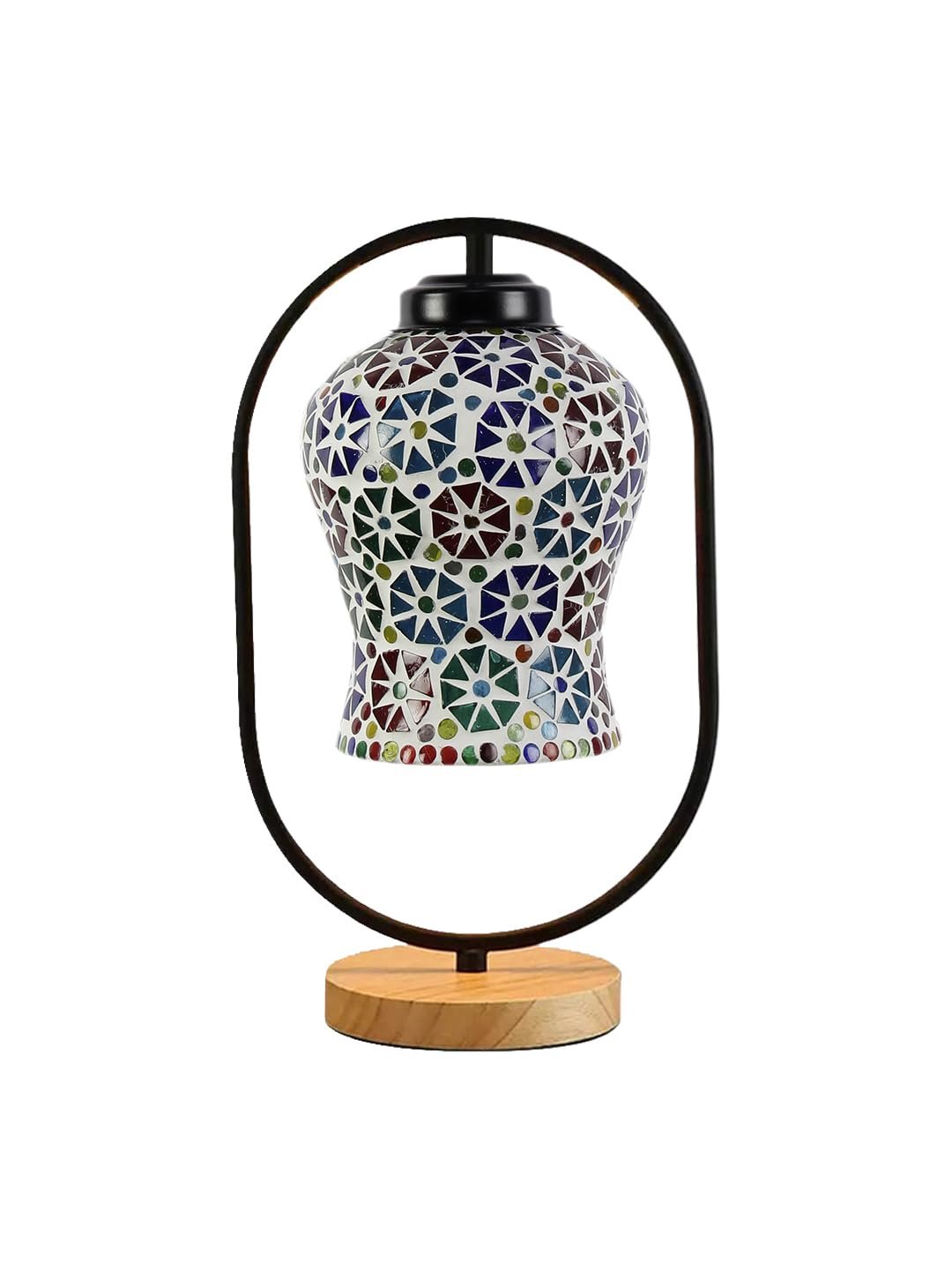 Multicolor Glass Wooden & Iron Table Lamp -17 Inch Height -APJ