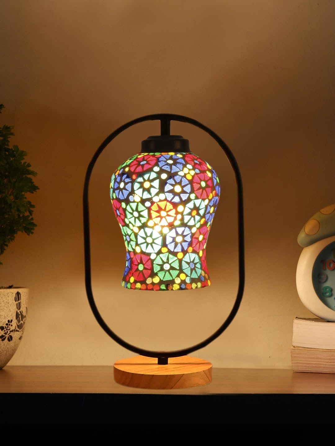 Multicolor Glass Wooden & Iron Table Lamp -17 Inch Height -APJ