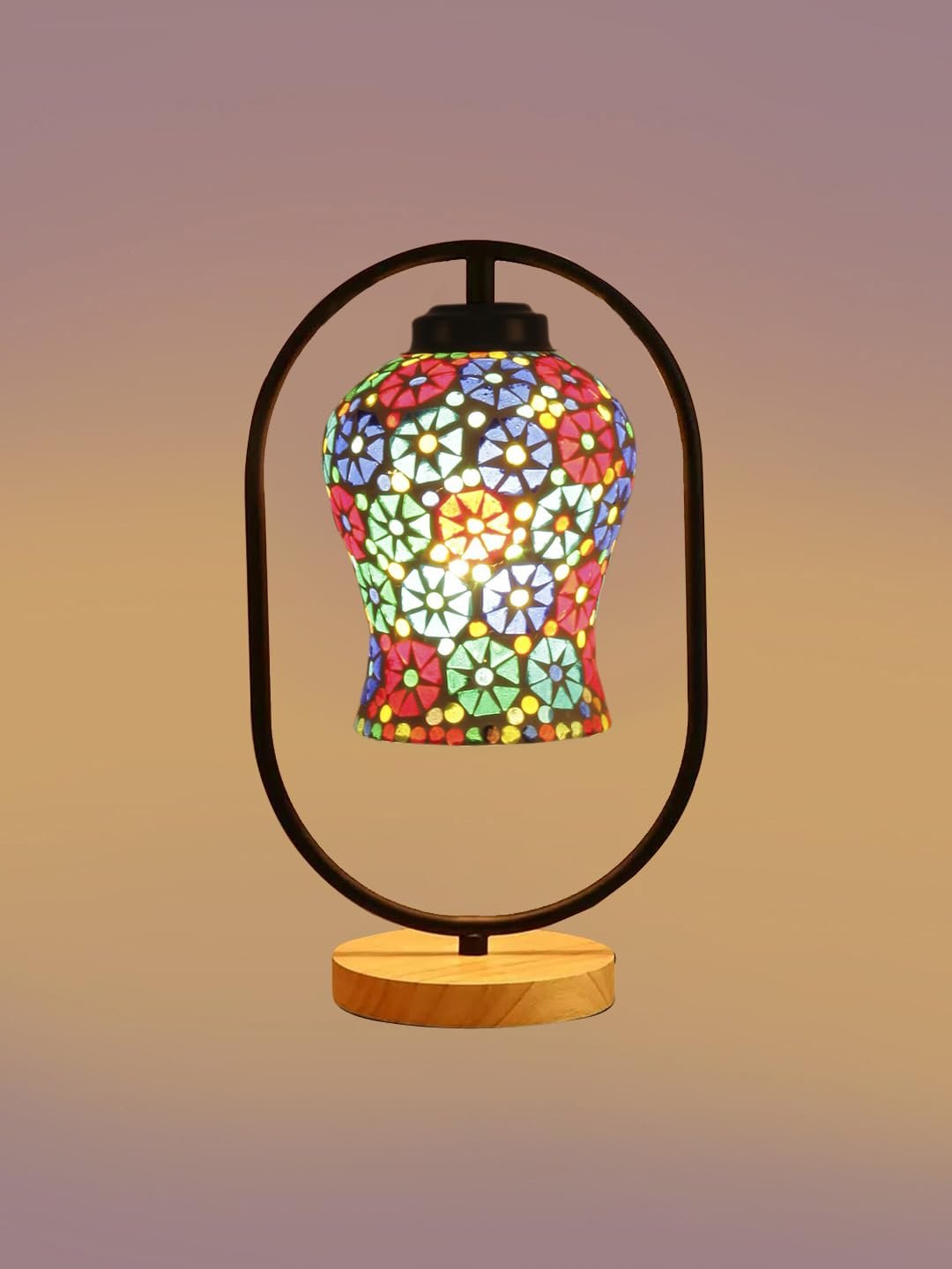 Multicolor Glass Wooden & Iron Table Lamp -17 Inch Height -APJ