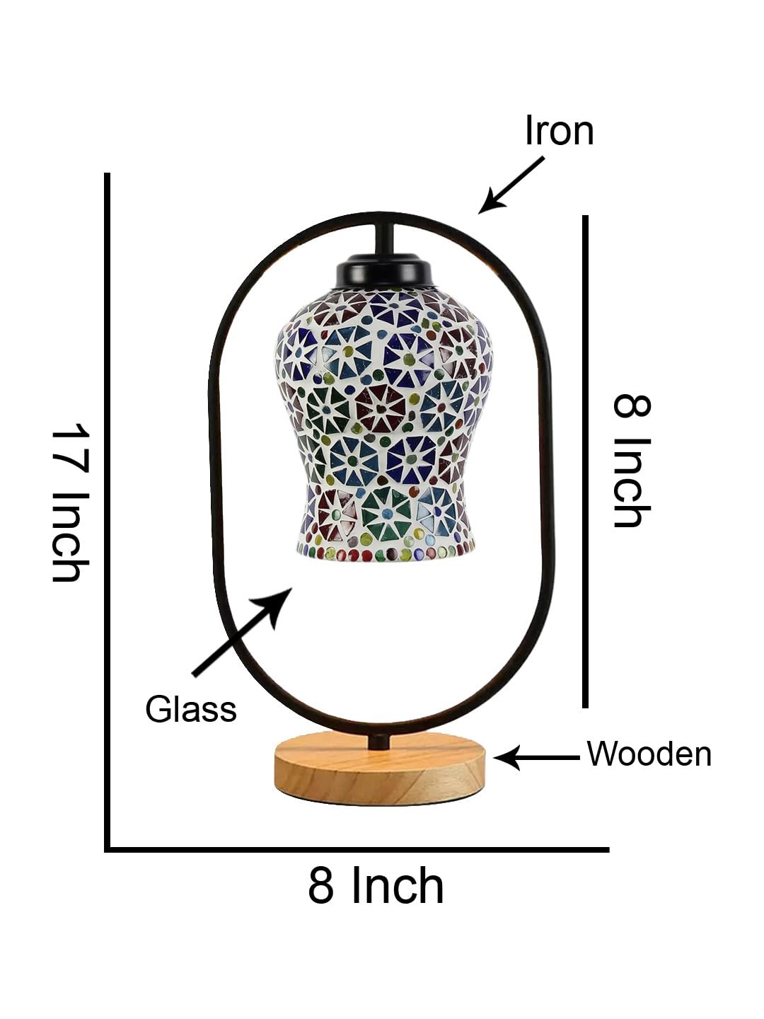 Multicolor Glass Wooden & Iron Table Lamp -17 Inch Height -APJ