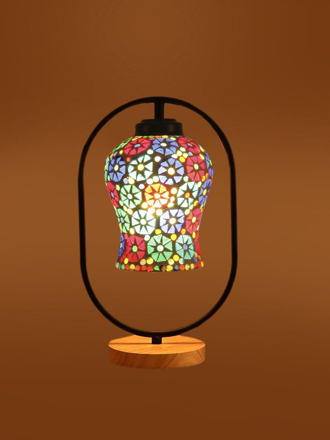 Multicolor Glass Wooden & Iron Table Lamp -17 Inch Height -APJ