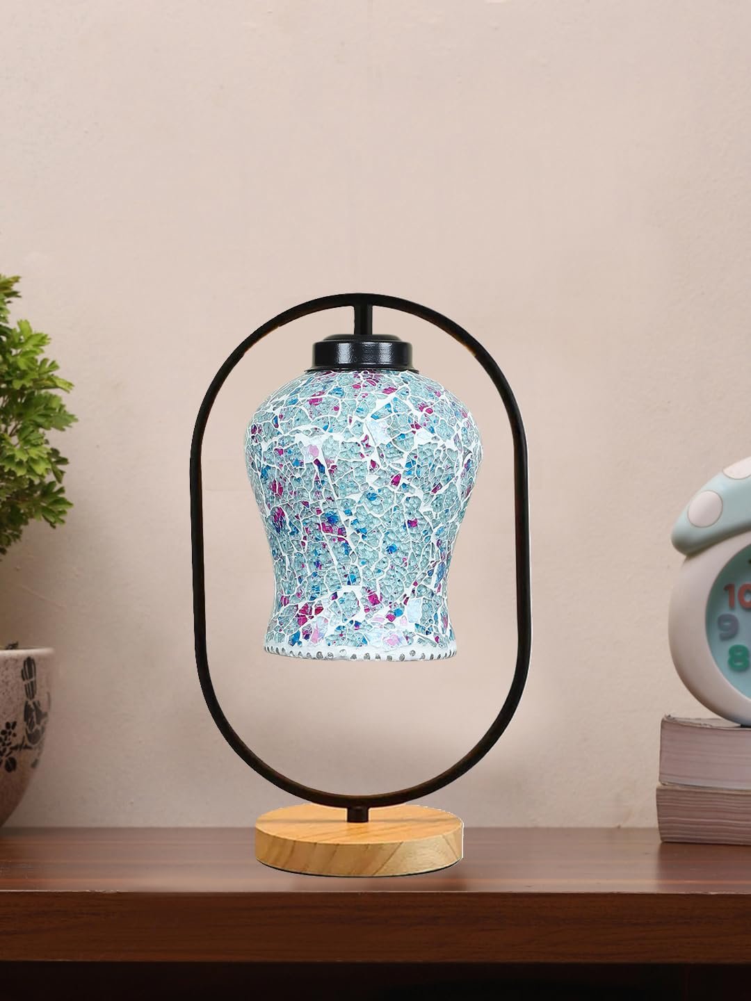 Multicolor Glass Wooden & Iron Table Lamp -17 Inch Height -AKA
