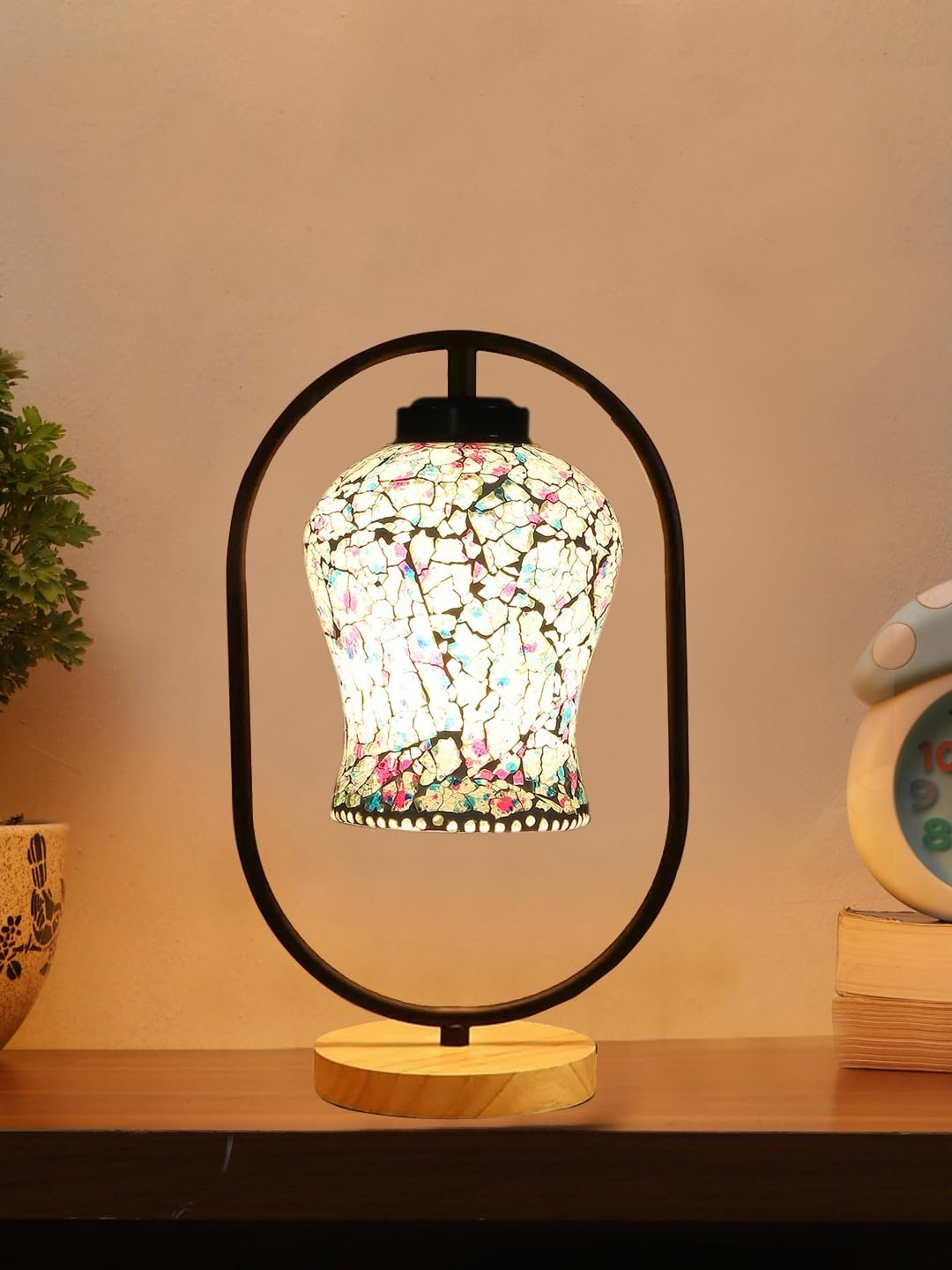 Multicolor Glass Wooden & Iron Table Lamp -17 Inch Height -AKA